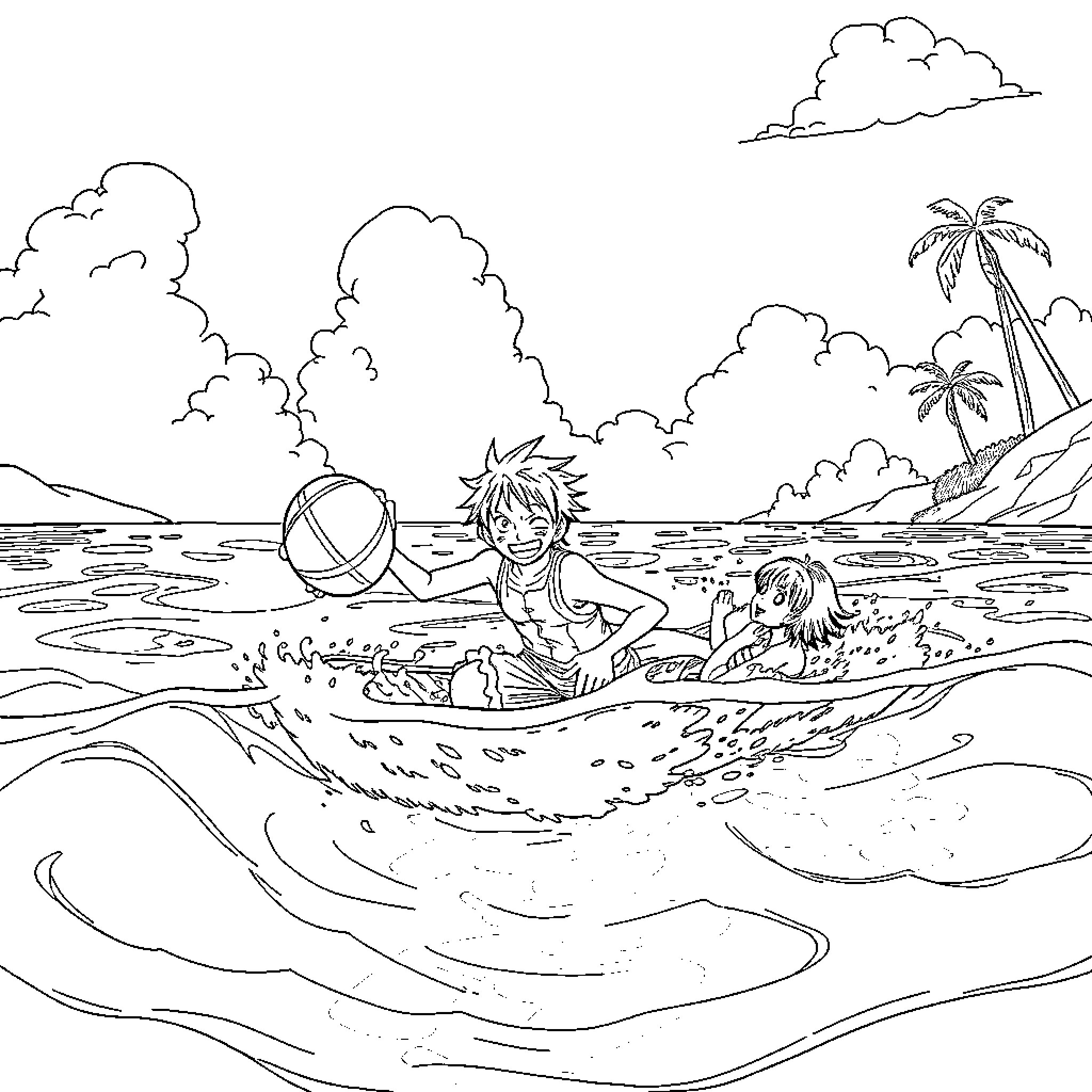 Luffy enjoying a day at the beach with friends Coloring Page (free black-and-white line drawing printable PDF for all, from beginners to advanced learners, including children, teens, adults, and seniors)