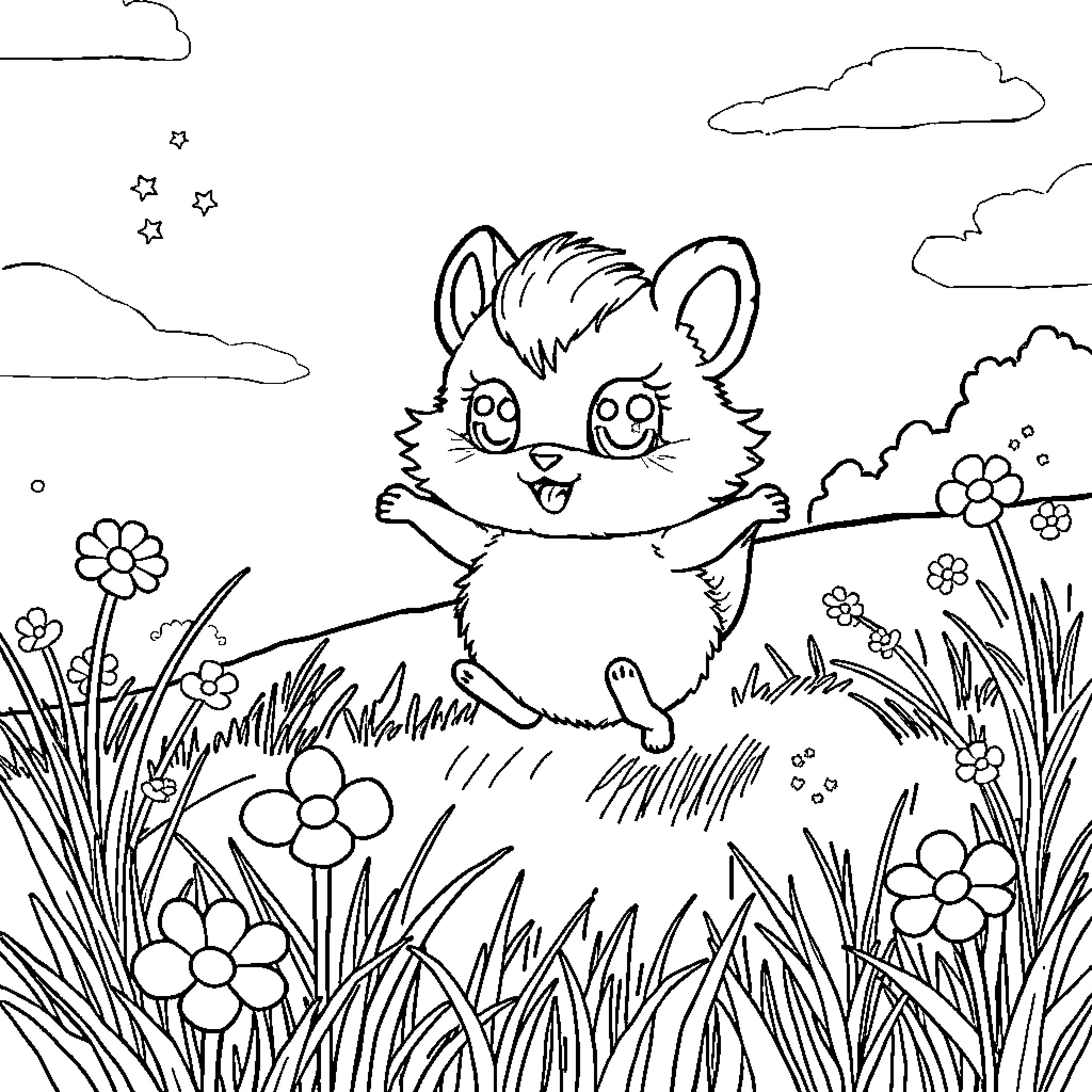 Sprunki playing happily in the meadow Coloring Page (free black-and-white line drawing printable PDF for all, from beginners to advanced learners, including children, teens, adults, and seniors)