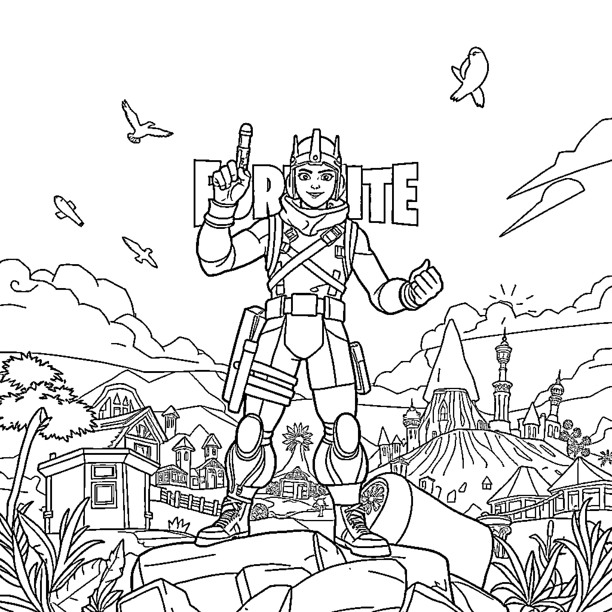 Fortnite character in heroic pose over the battle royale map Coloring Page (free black-and-white line drawing printable PDF for all, from beginners to advanced learners, including children, teens, adults, and seniors)