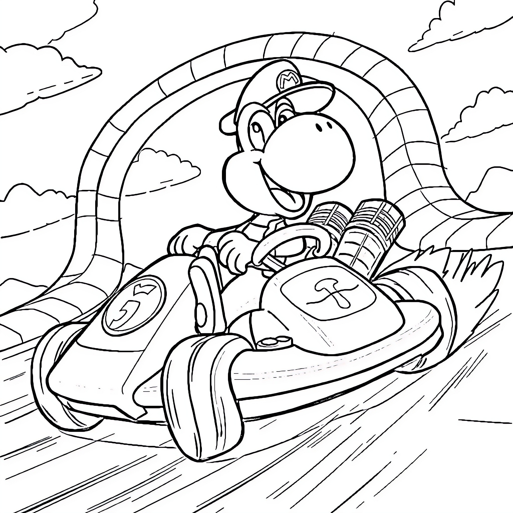 Yoshi Driving Kart Through Winding Track Coloring Page (free black-and-white line drawing printable PDF for all, from beginners to advanced learners, including children, teens, adults, and seniors)