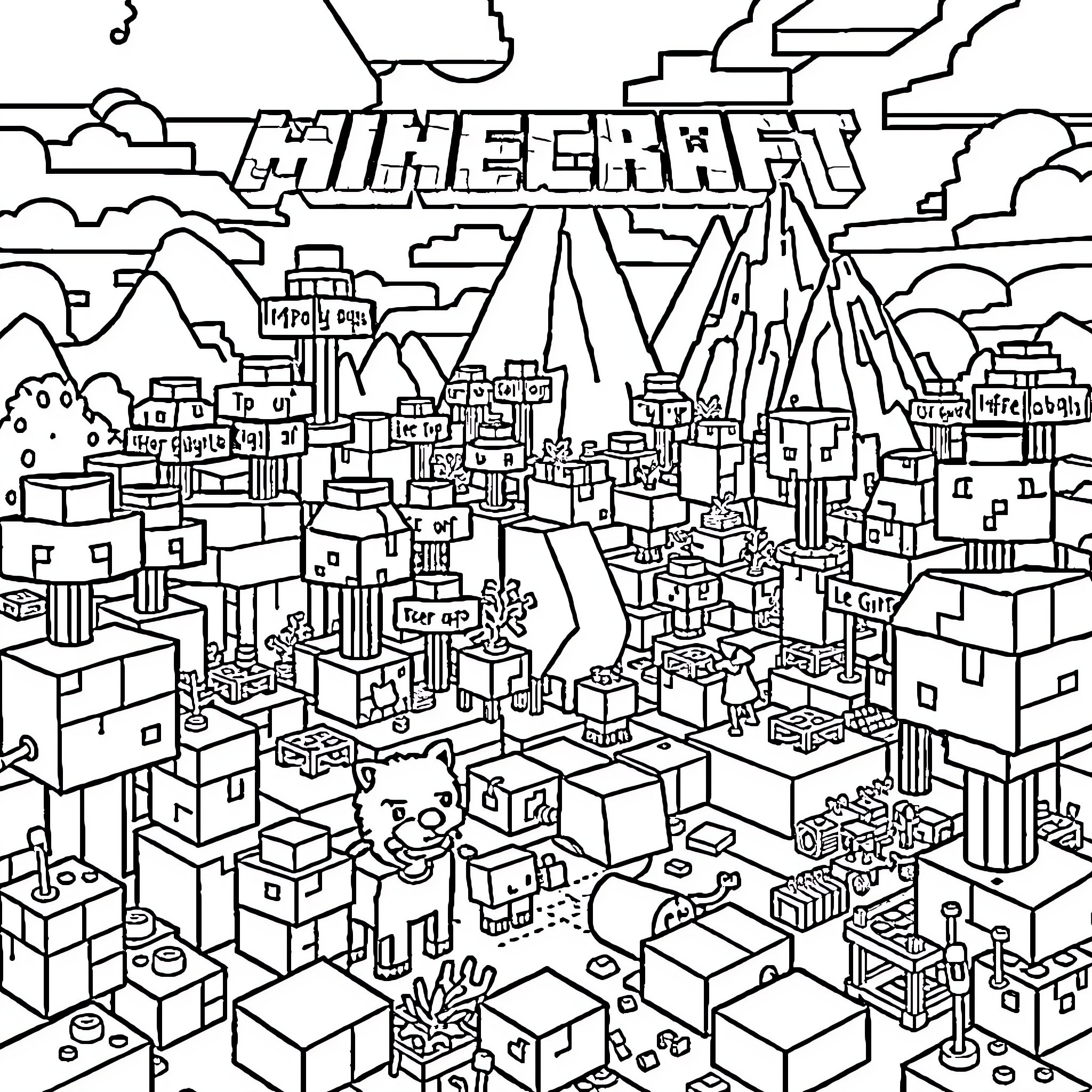 Minecraft city landscape with cubical structures Coloring Page (free black-and-white line drawing printable PDF for all, from beginners to advanced learners, including children, teens, adults, and seniors)