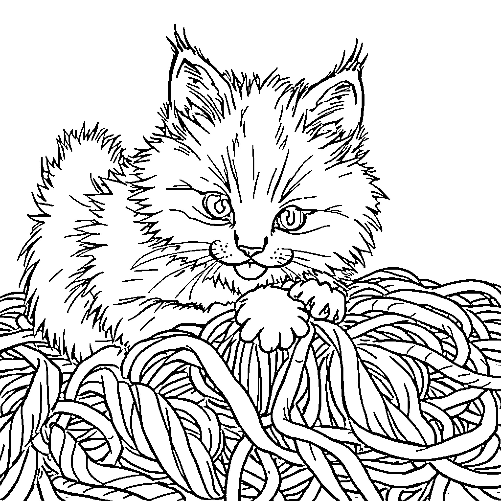 Cat peeking through tangled foliage Coloring Page (free black-and-white line drawing printable PDF for all, from beginners to advanced learners, including children, teens, adults, and seniors)