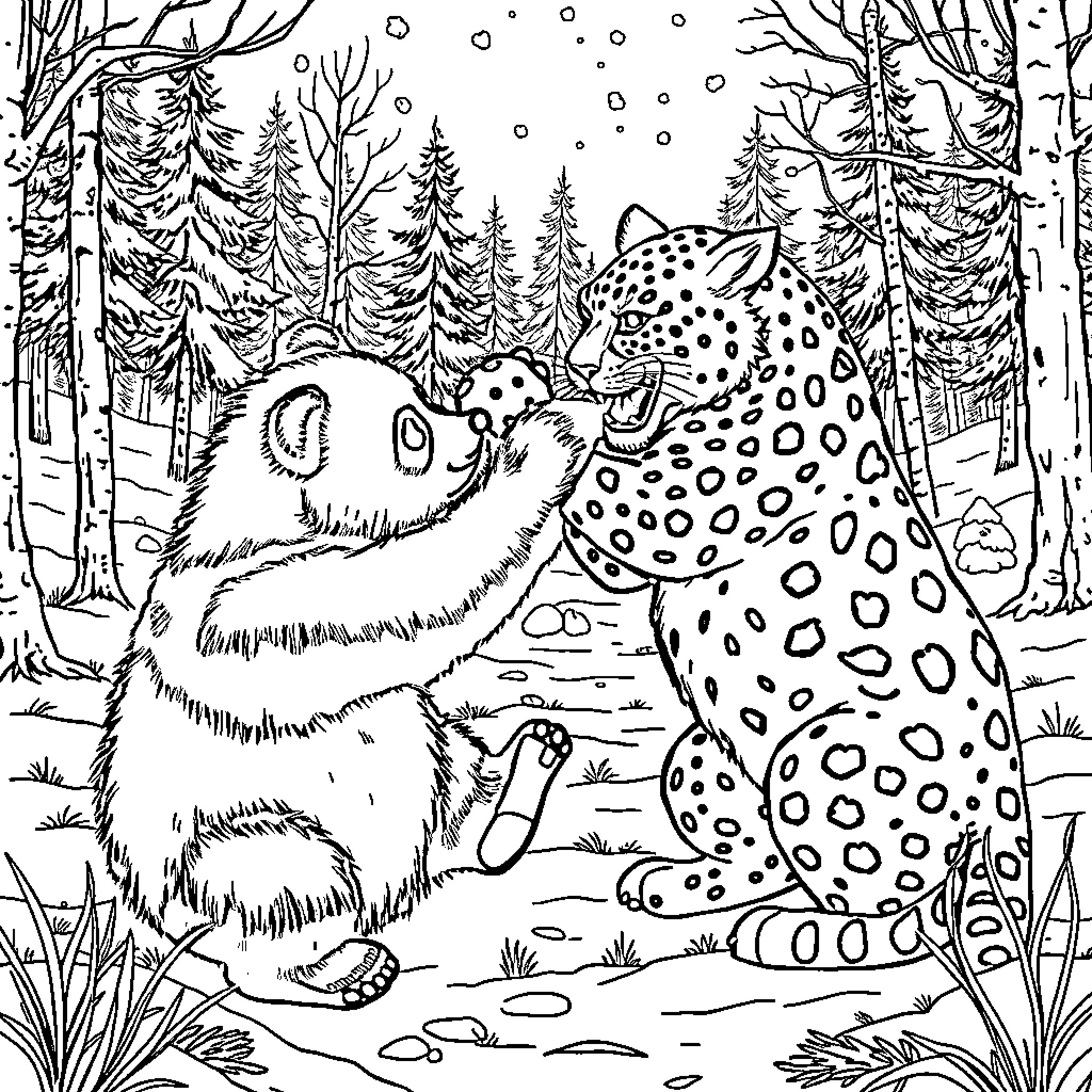 Panda and Leopard Exploring Snowy Forest Coloring Page (free black-and-white line drawing printable PDF for all, from beginners to advanced learners, including children, teens, adults, and seniors)