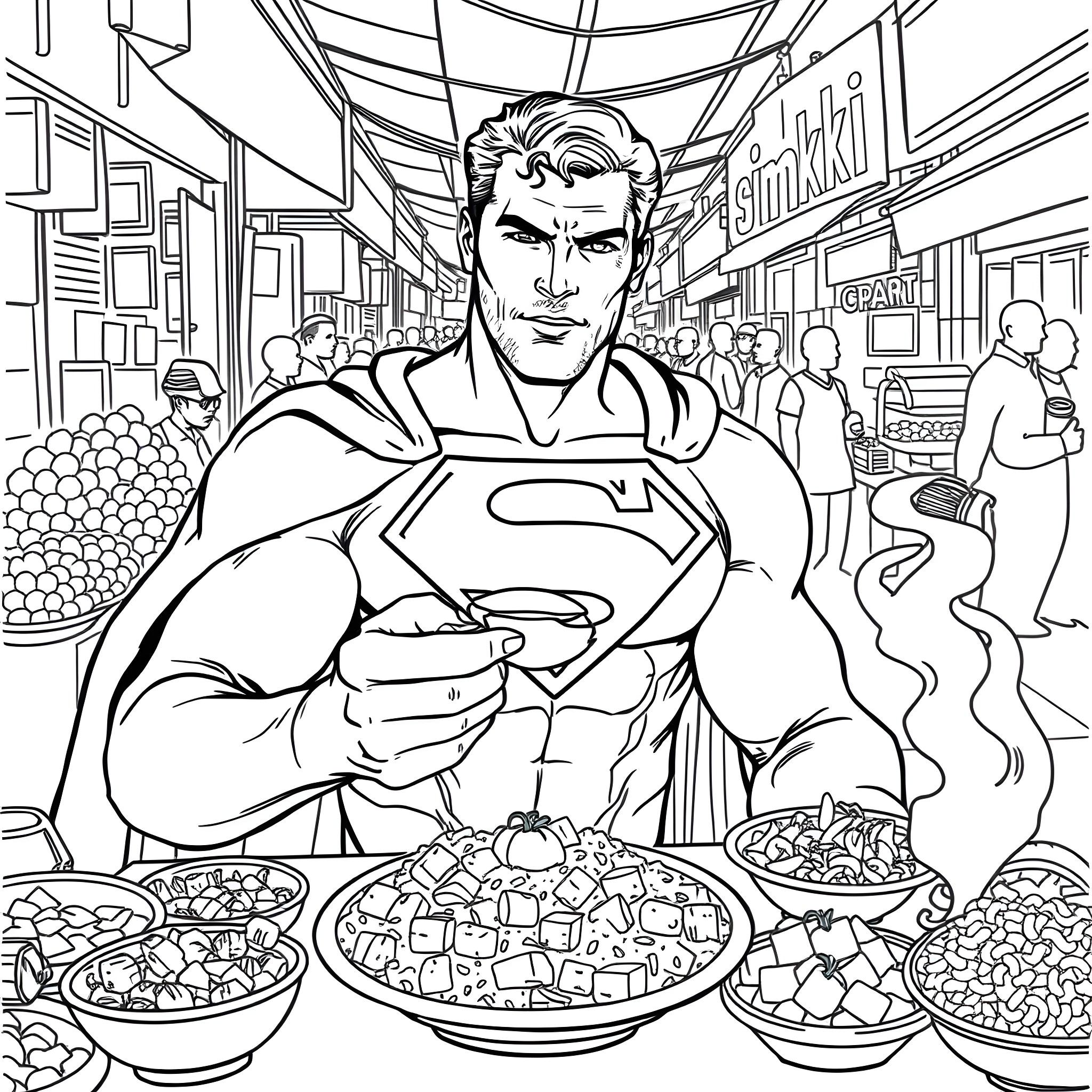 Superman Enjoying a Marketplace Adventure Coloring Page (free black-and-white line drawing printable PDF for all, from beginners to advanced learners, including children, teens, adults, and seniors)