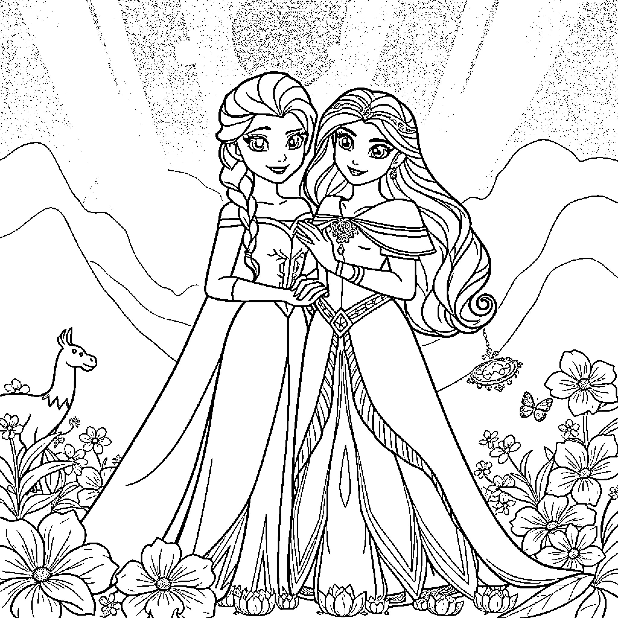 Elsa and Anna in a Magical Adventure Coloring Page (free black-and-white line drawing printable PDF for all, from beginners to advanced learners, including children, teens, adults, and seniors)