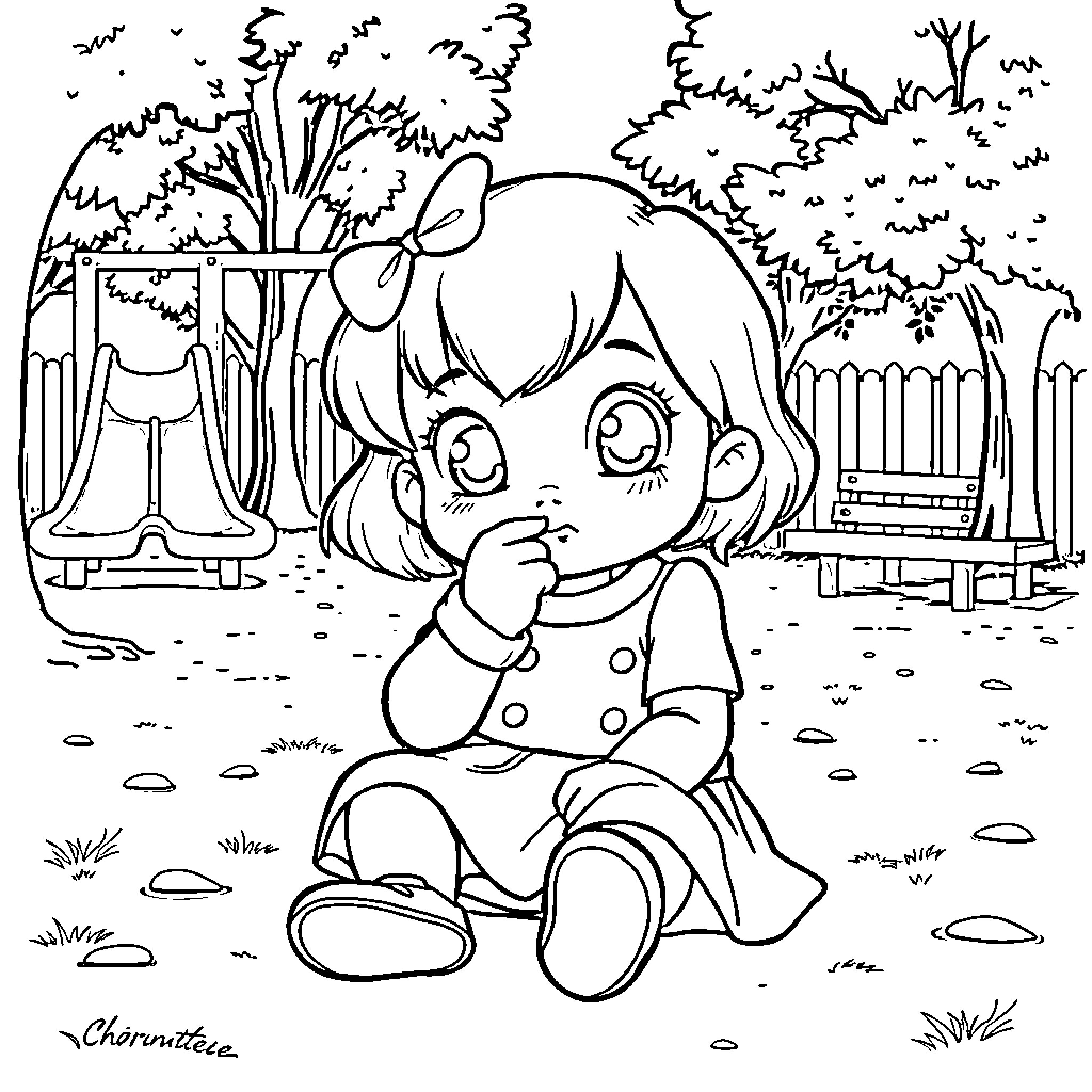 Charlotte enjoying the outdoors in a peaceful garden scene Coloring Page (free black-and-white line drawing printable PDF for all, from beginners to advanced learners, including children, teens, adults, and seniors)