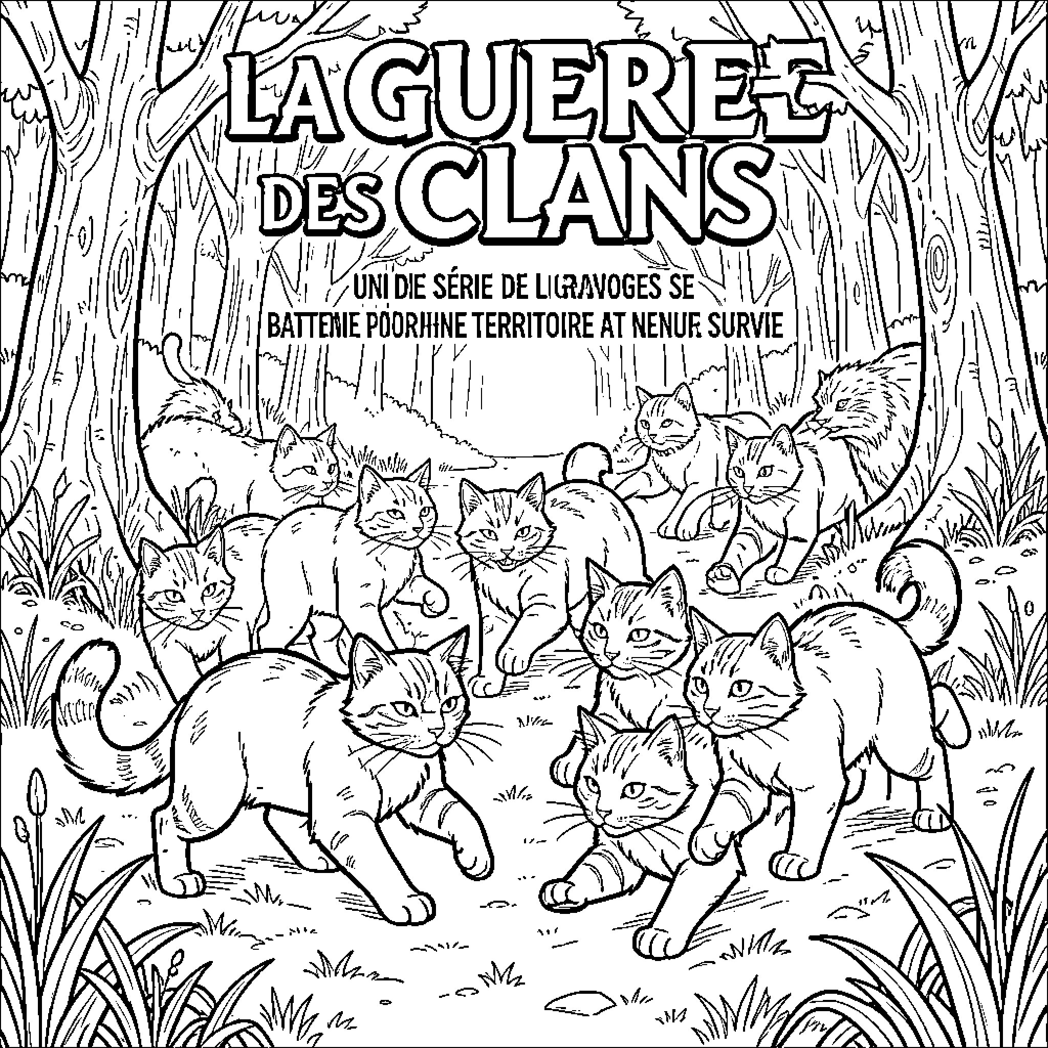 Warriors cats running through a dense forest Coloring Page (free black-and-white line drawing printable PDF for all, from beginners to advanced learners, including children, teens, adults, and seniors)