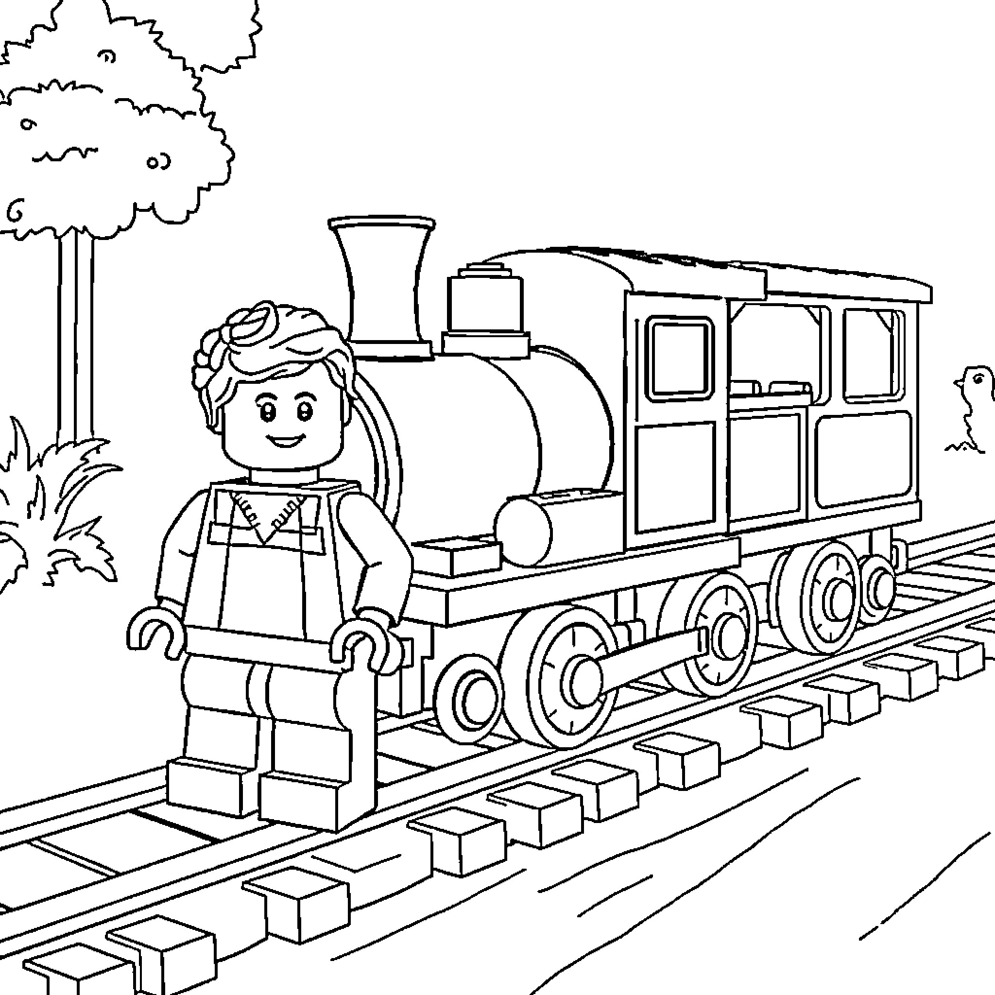 LEGO Figure Riding a Train Through the Countryside Coloring Page (free black-and-white line drawing printable PDF for all, from beginners to advanced learners, including children, teens, adults, and seniors)