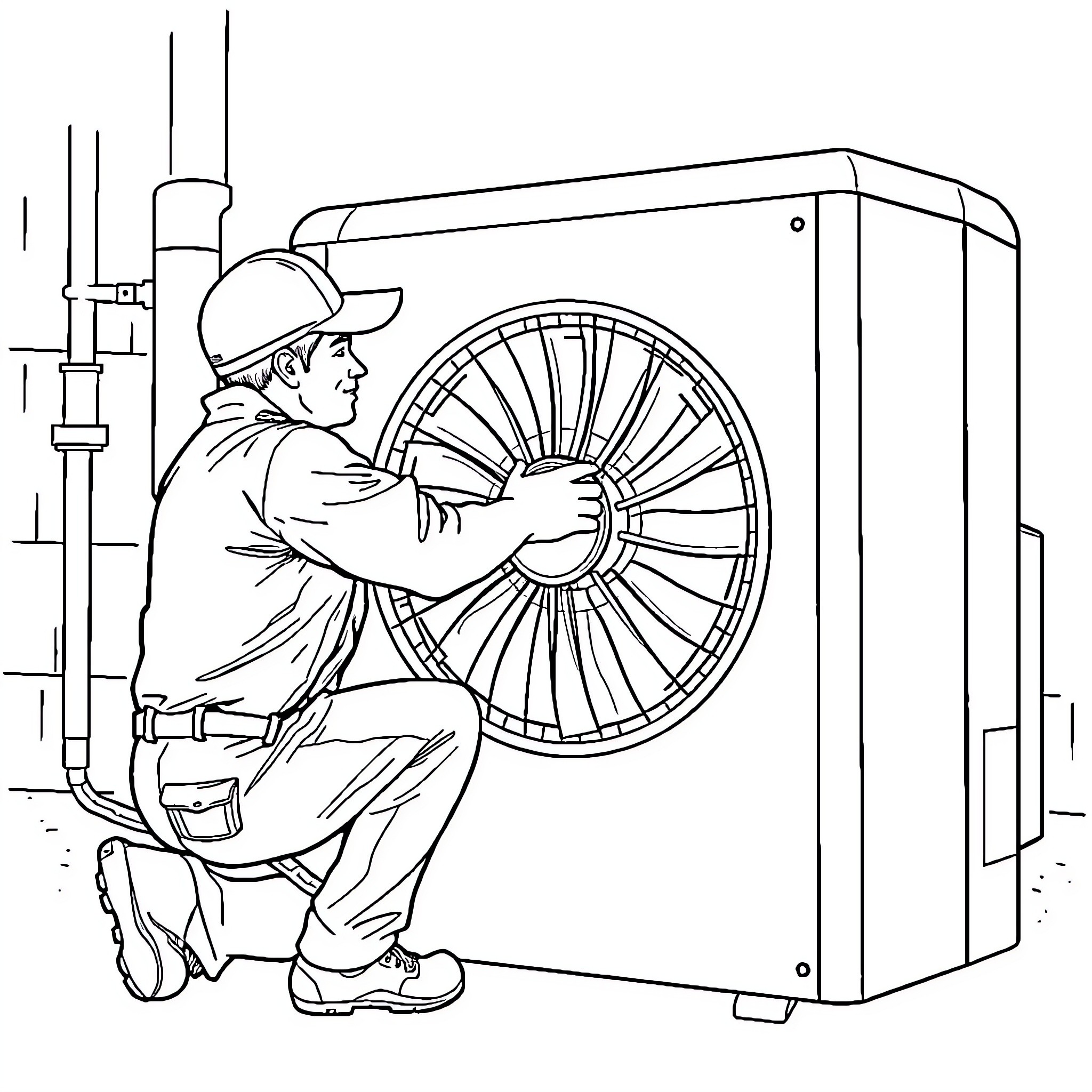 HVAC Technician Inspecting and Maintaining an Air Conditioning Unit Coloring Page (free black-and-white line drawing printable PDF for all, from beginners to advanced learners, including children, teens, adults, and seniors)