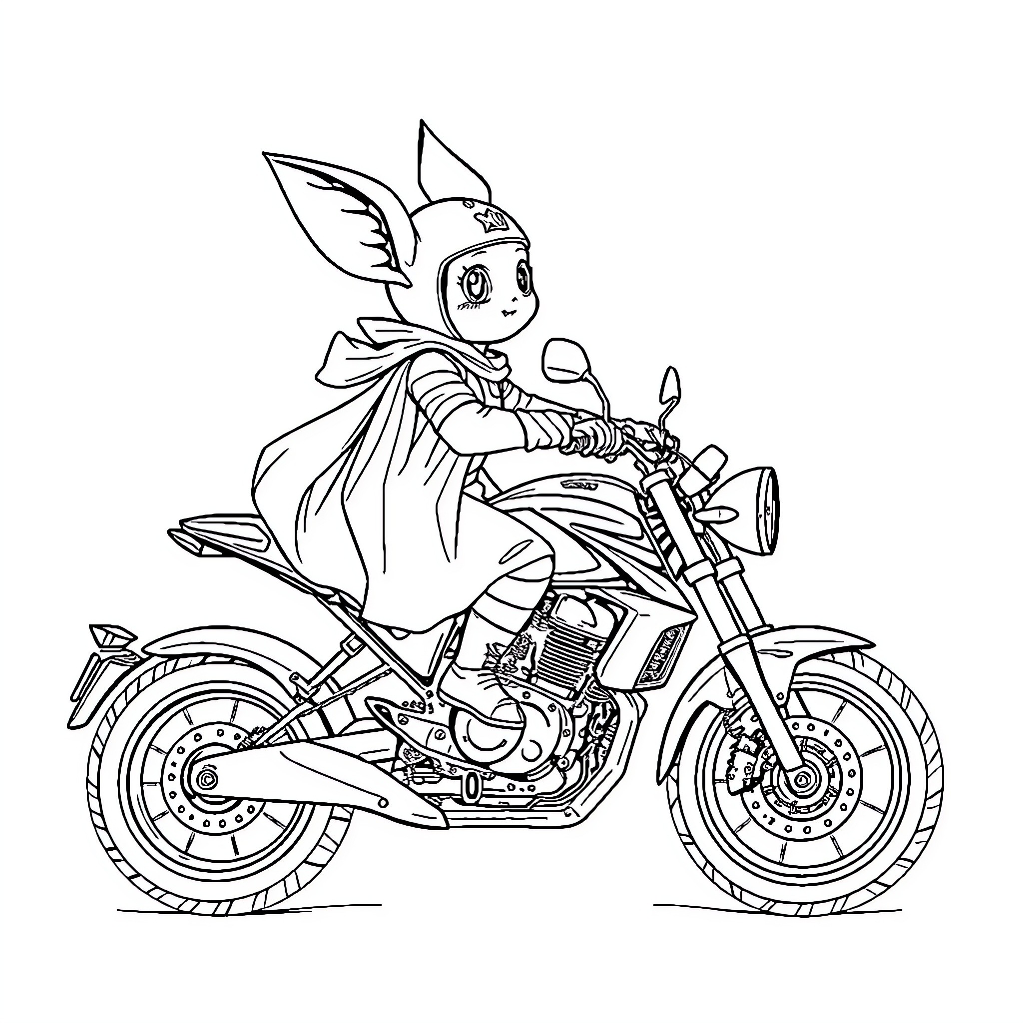 Cinderella riding a motorcycle happily Coloring Page (free black-and-white line drawing printable PDF for all, from beginners to advanced learners, including children, teens, adults, and seniors)