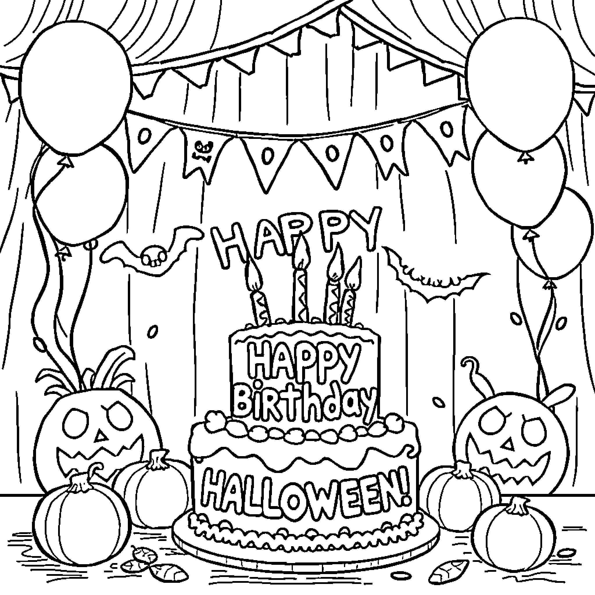 Halloween Birthday Celebration with Cake and Decorations Coloring Page (free black-and-white line drawing printable PDF for all, from beginners to advanced learners, including children, teens, adults, and seniors)