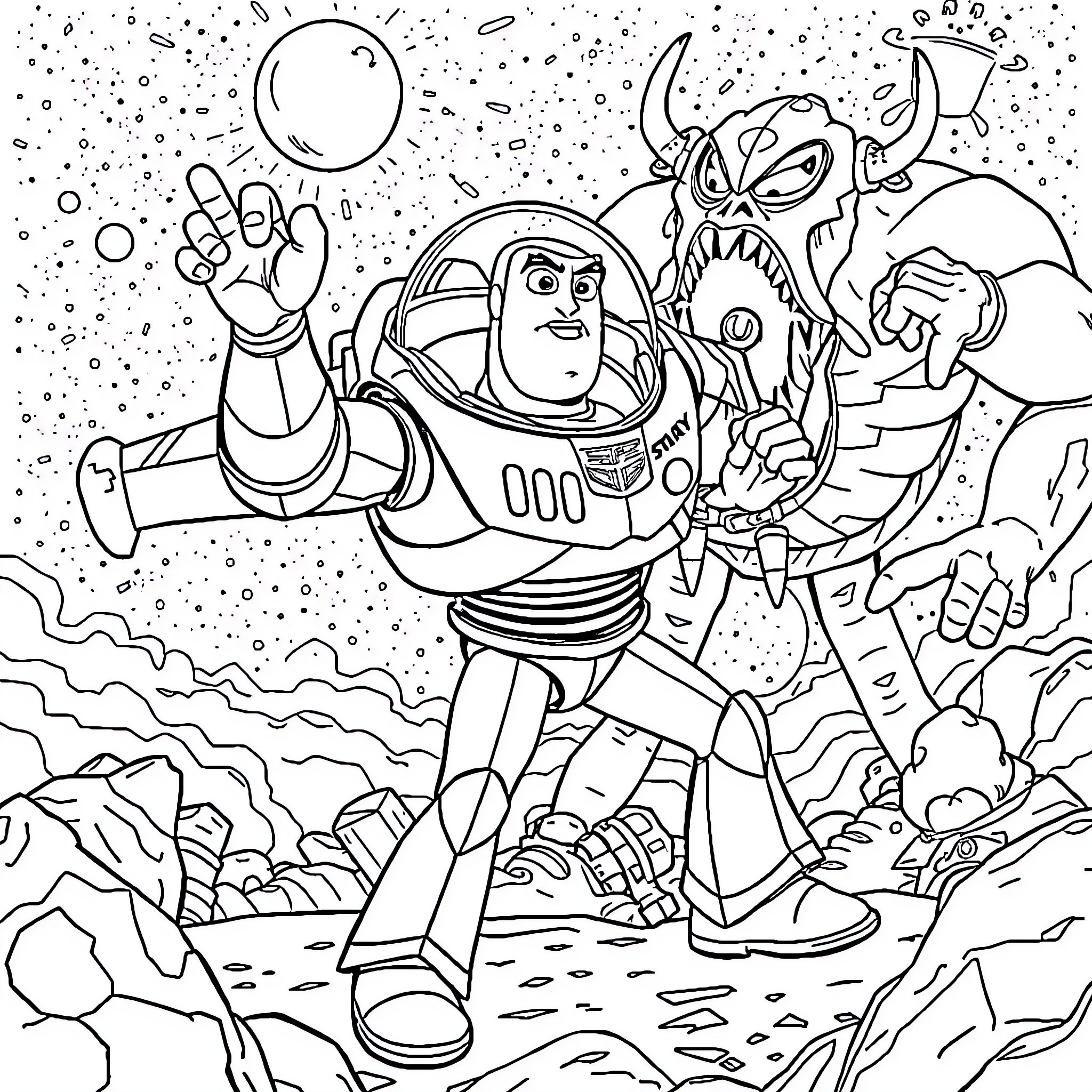 Buzz Lightyear battles an alien enemy in outer space Coloring Page (free black-and-white line drawing printable PDF for all, from beginners to advanced learners, including children, teens, adults, and seniors)