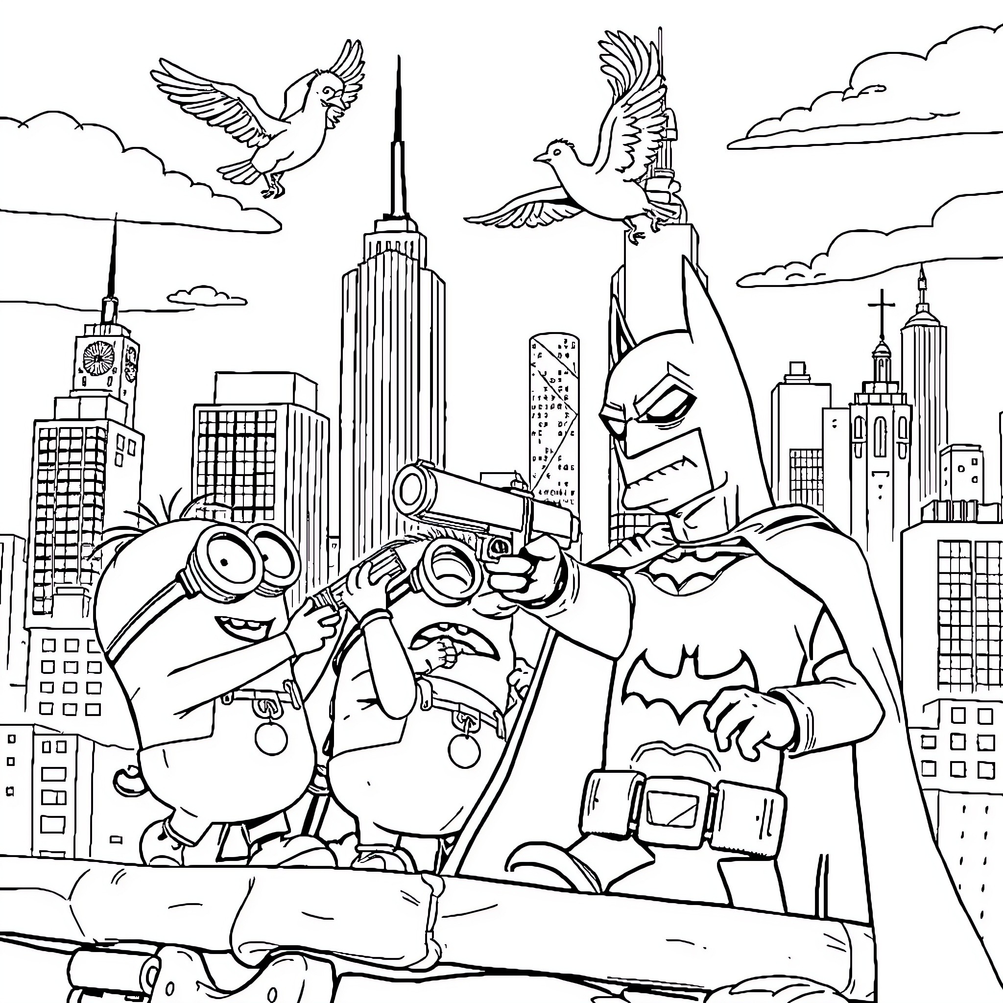 Minions teaming up with superheroes in the city Coloring Page (free black-and-white line drawing printable PDF for all, from beginners to advanced learners, including children, teens, adults, and seniors)