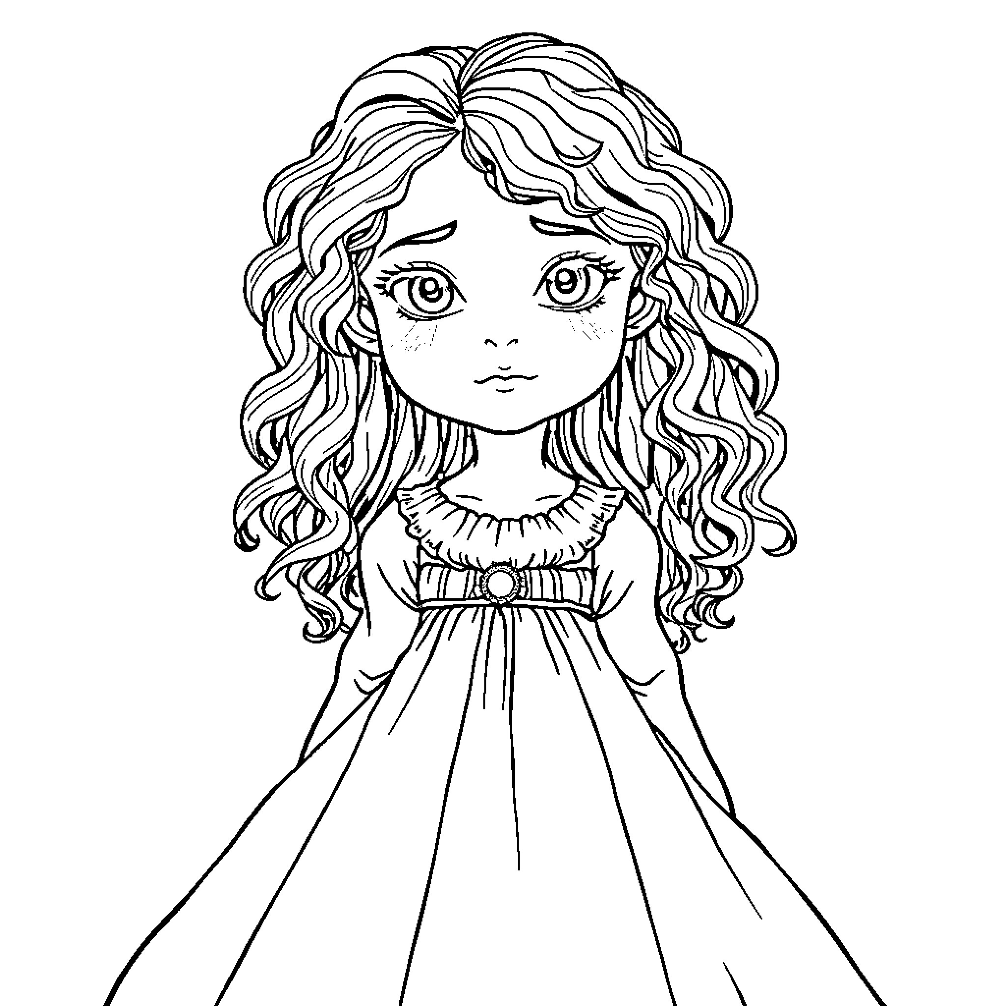 Girl in a Whimsical Dress with Flowing Hair Coloring Page (free black-and-white line drawing printable PDF for all, from beginners to advanced learners, including children, teens, adults, and seniors)