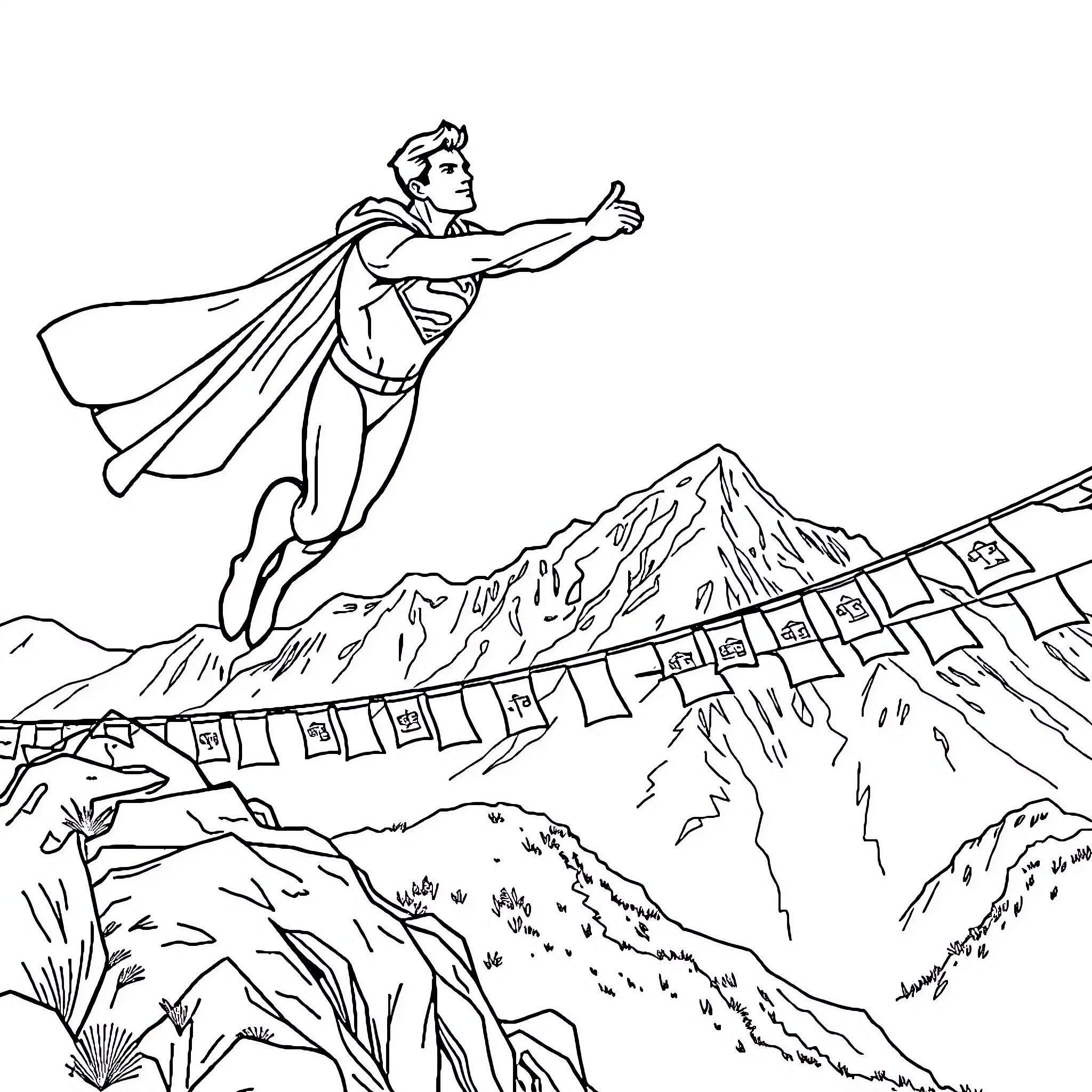 Superman soaring over mountain landscape with prayer flags Coloring Page (free black-and-white line drawing printable PDF for all, from beginners to advanced learners, including children, teens, adults, and seniors)