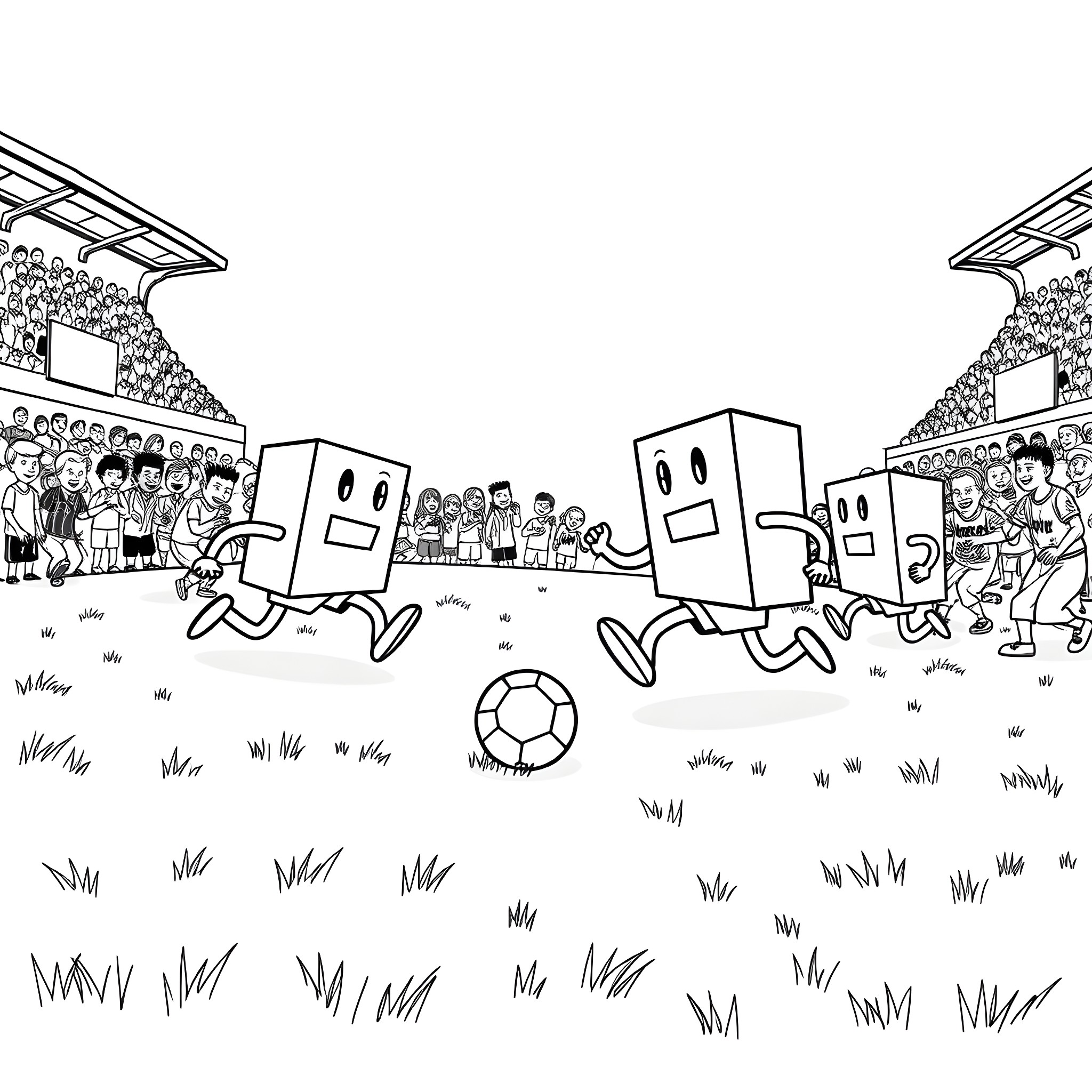 Numberblocks playing soccer on the field Coloring Page (free black-and-white line drawing printable PDF for all, from beginners to advanced learners, including children, teens, adults, and seniors)