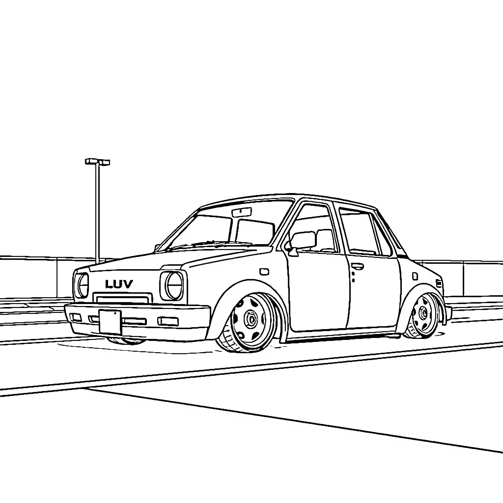 Chevy LUV customized vehicle on city street Coloring Page (free black-and-white line drawing printable PDF for all, from beginners to advanced learners, including children, teens, adults, and seniors)