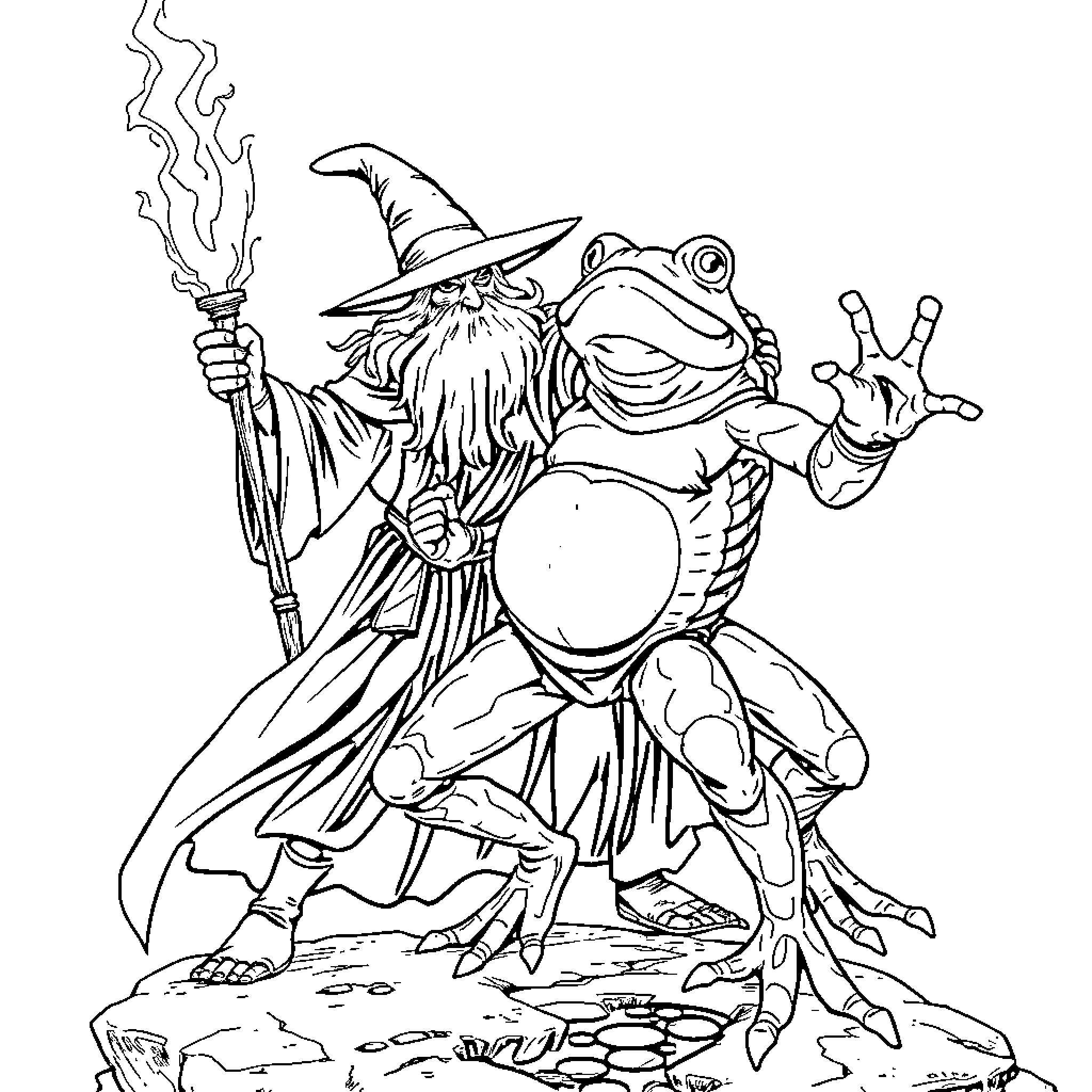 Wizard Frog Casting Spell with Magic Staff Coloring Page (free black-and-white line drawing printable PDF for all, from beginners to advanced learners, including children, teens, adults, and seniors)