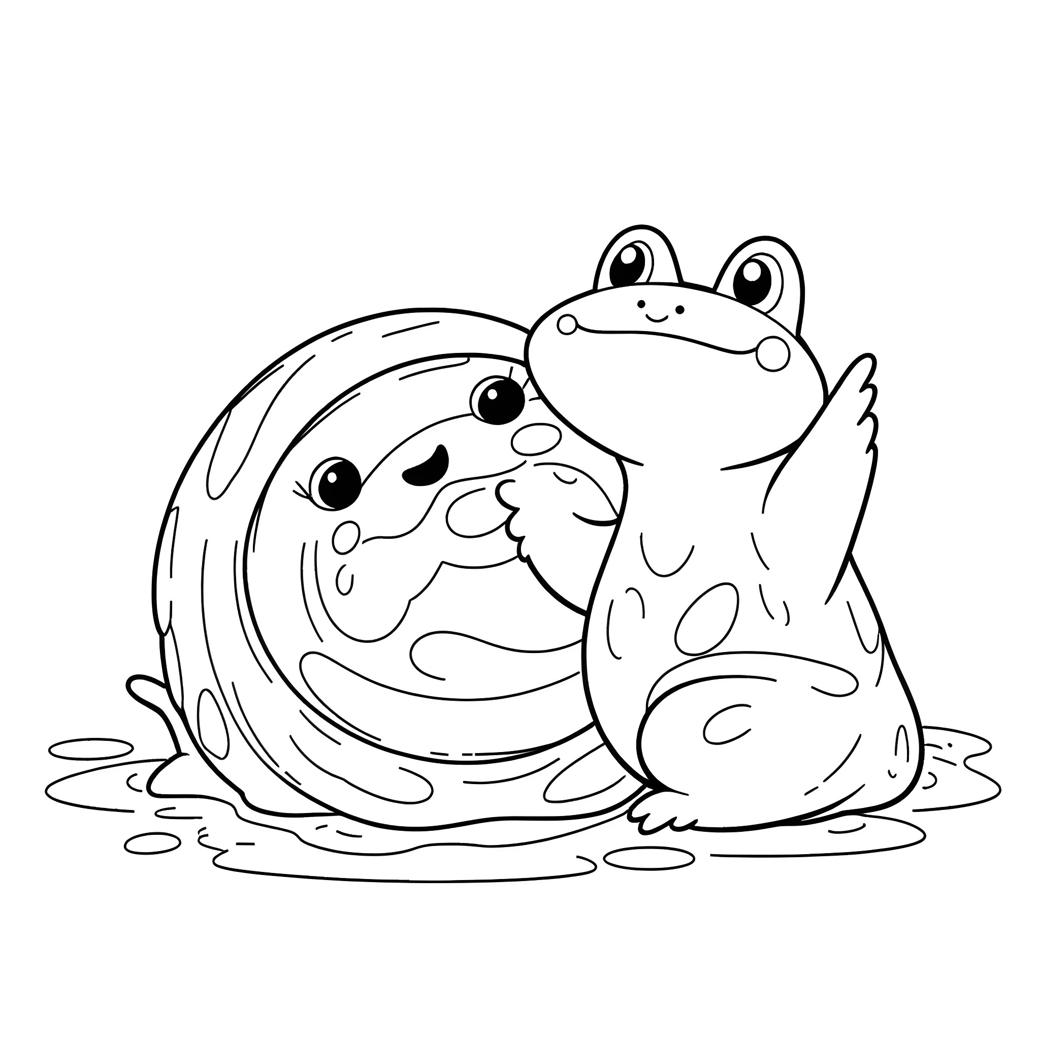Cinnamon Roll Frog Friends in Puddle Coloring Page (free black-and-white line drawing printable PDF for all, from beginners to advanced learners, including children, teens, adults, and seniors)
