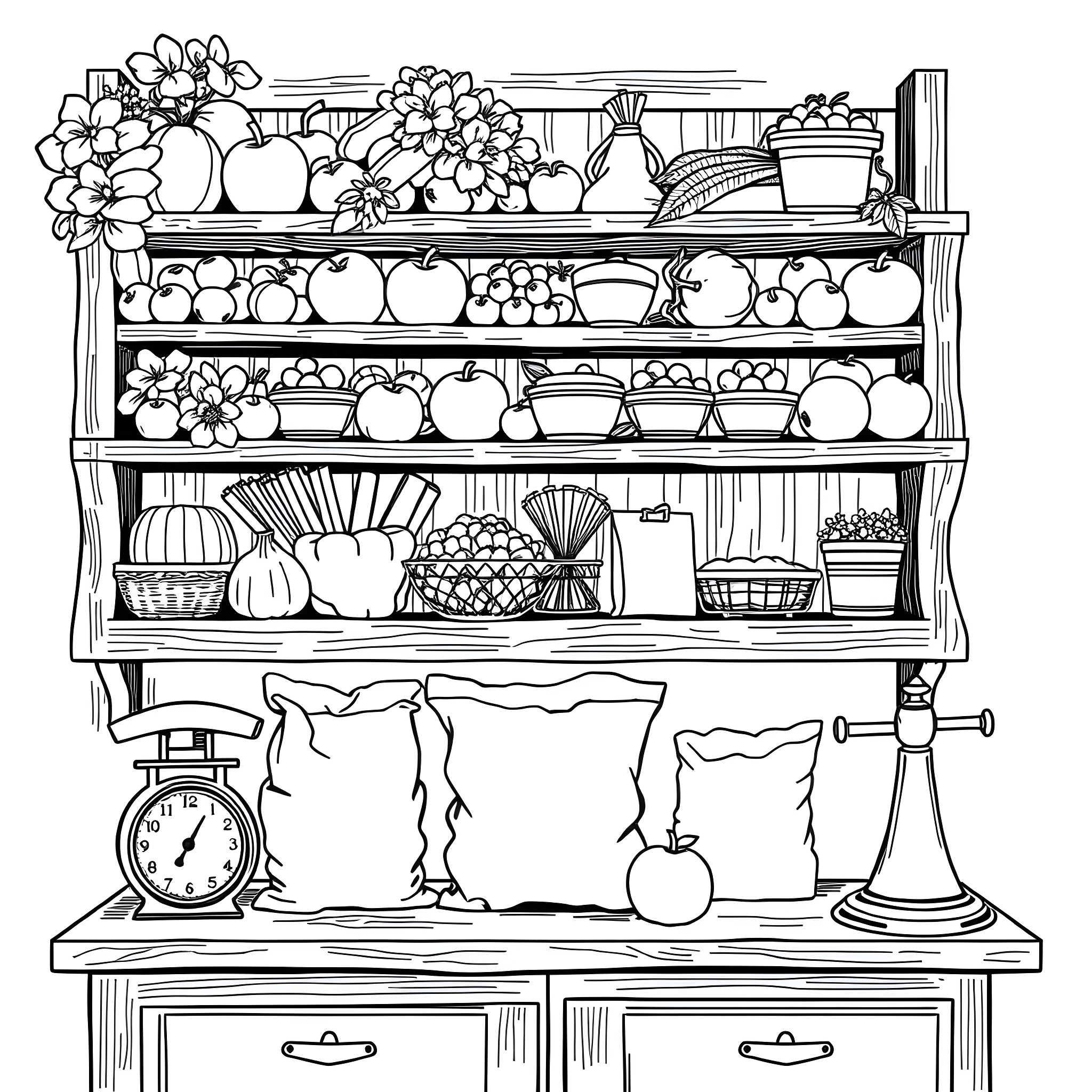Shelf with various fruits, flowers, and household items Coloring Page (free black-and-white line drawing printable PDF for all, from beginners to advanced learners, including children, teens, adults, and seniors)