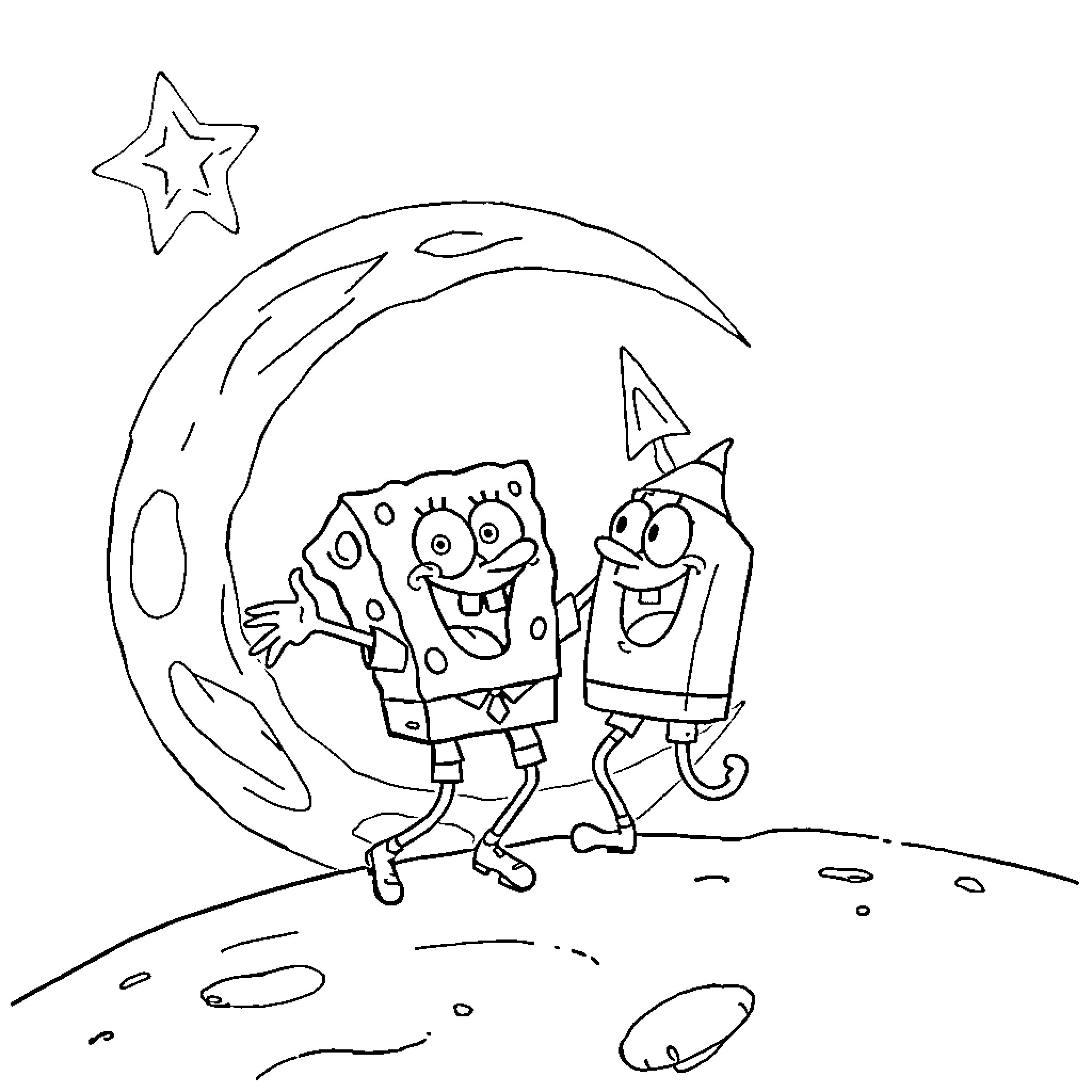 Spongebob and Patrick Explore the Night Sky Coloring Page (free black-and-white line drawing printable PDF for all, from beginners to advanced learners, including children, teens, adults, and seniors)