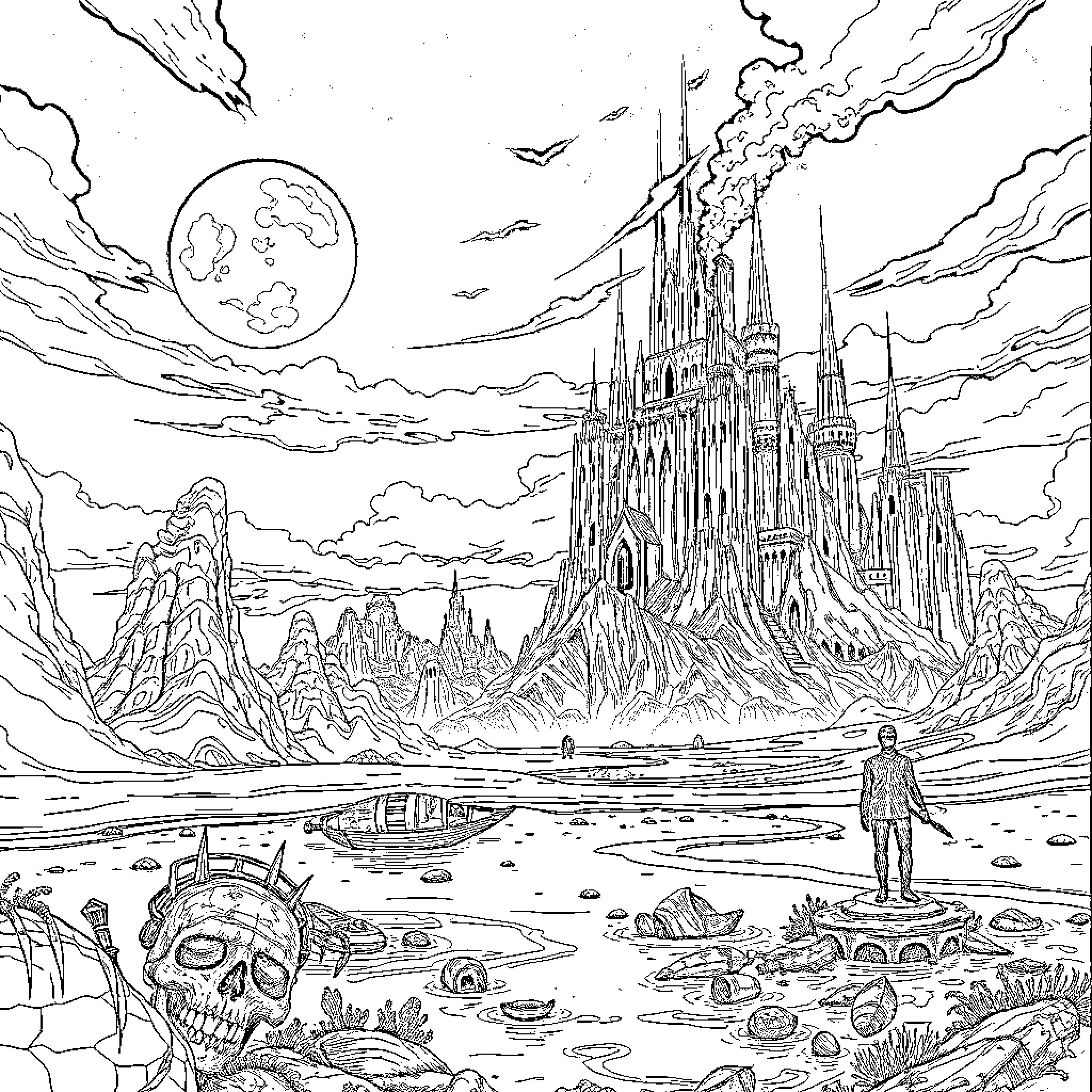 Death Stranding: Desolate Landscape and Otherworldly Architecture Coloring Page (free black-and-white line drawing printable PDF for all, from beginners to advanced learners, including children, teens, adults, and seniors)