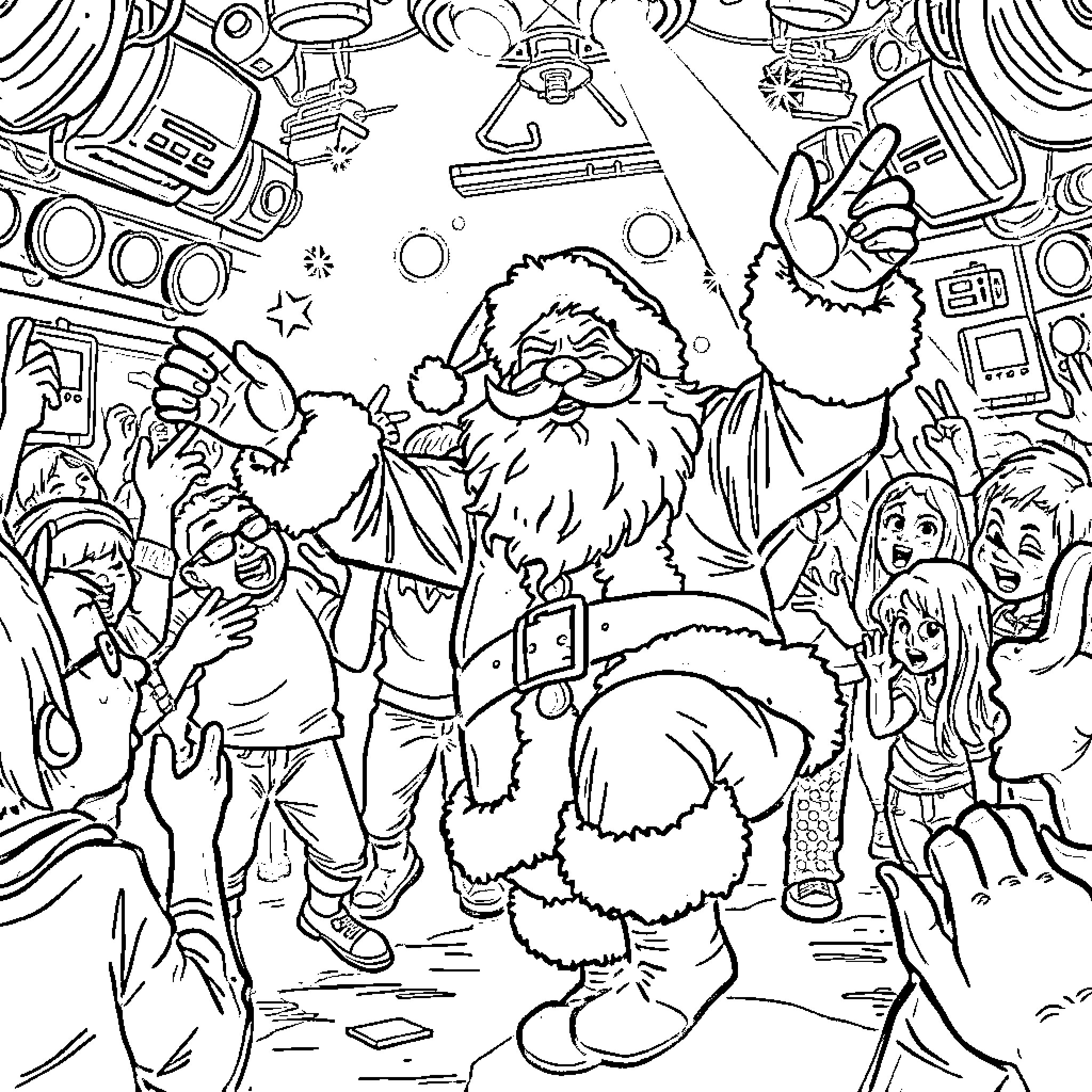 Santa Claus entertaining children with gifts and toys Coloring Page (free black-and-white line drawing printable PDF for all, from beginners to advanced learners, including children, teens, adults, and seniors)
