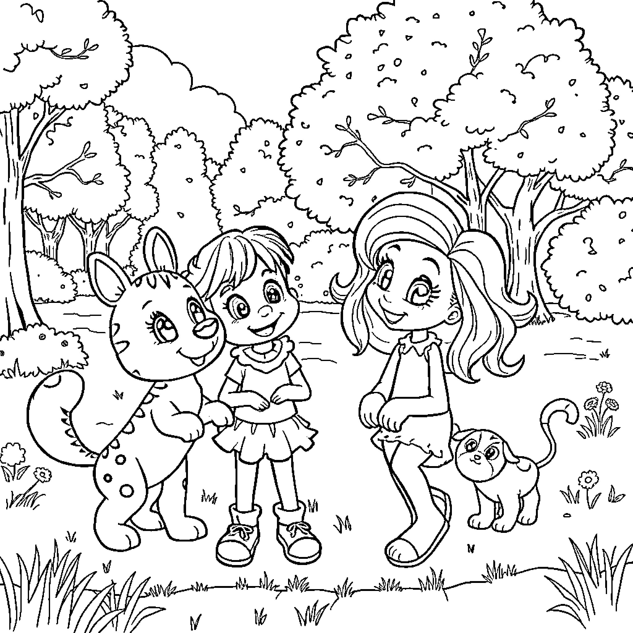 Bluey and Friends Explore the Enchanted Forest Coloring Page (free black-and-white line drawing printable PDF for all, from beginners to advanced learners, including children, teens, adults, and seniors)