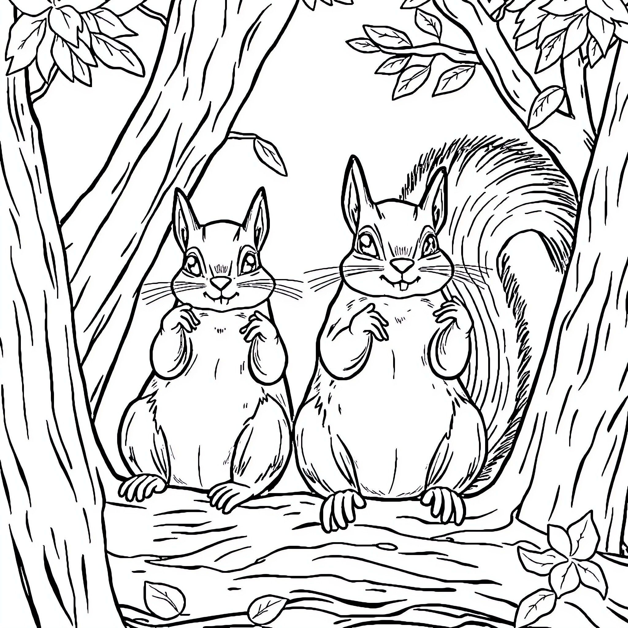 Squirrels enjoying nature in the forest Coloring Page (free black-and-white line drawing printable PDF for all, from beginners to advanced learners, including children, teens, adults, and seniors)