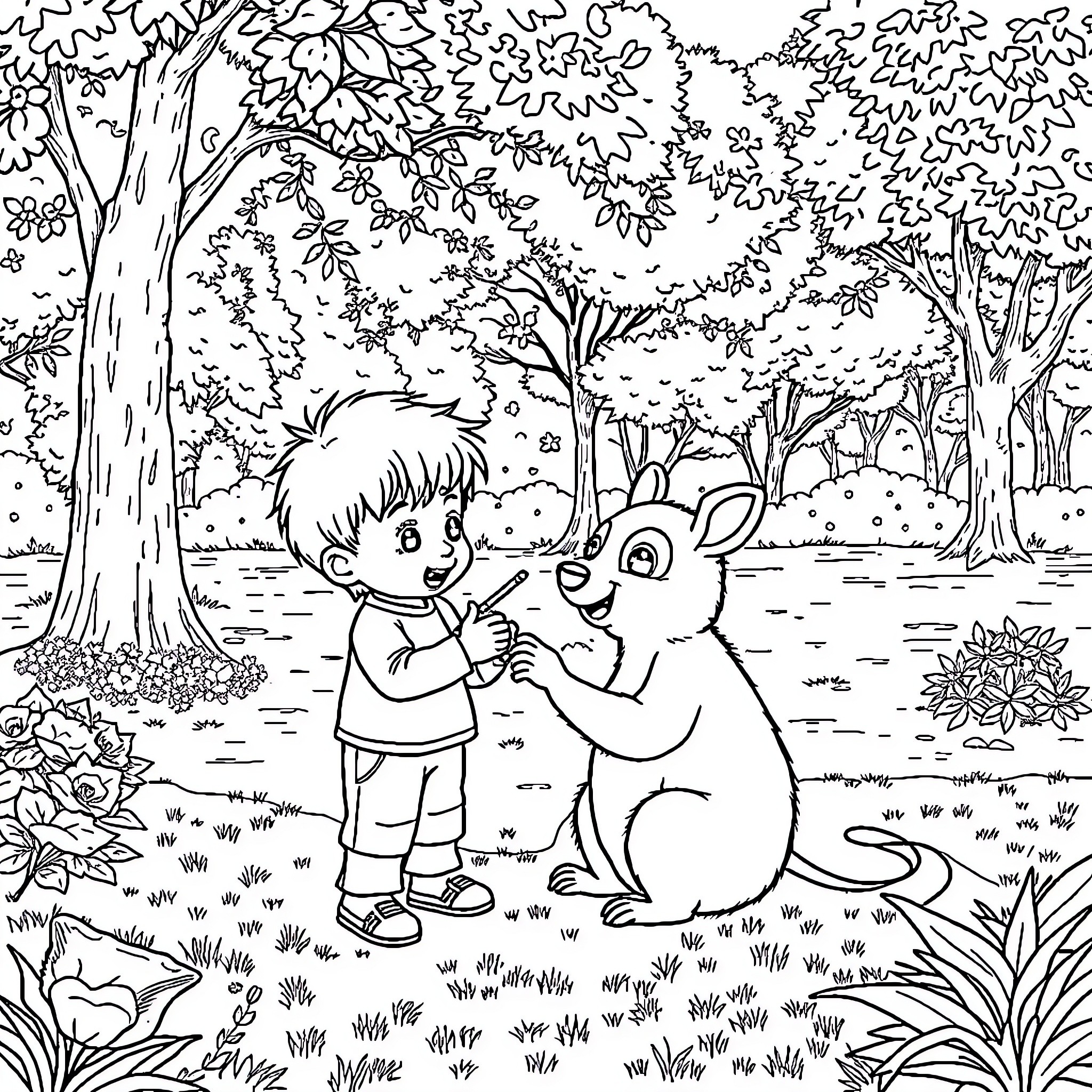Boy and his pet animal in the forest Coloring Page (free black-and-white line drawing printable PDF for all, from beginners to advanced learners, including children, teens, adults, and seniors)