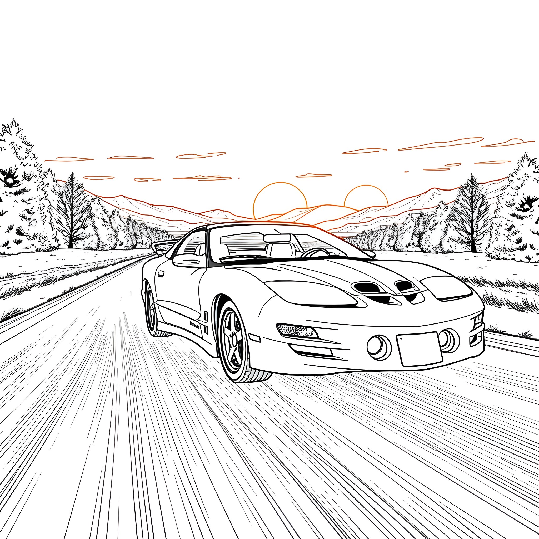 Pontiac sports car speeding down scenic highway Coloring Page (free black-and-white line drawing printable PDF for all, from beginners to advanced learners, including children, teens, adults, and seniors)