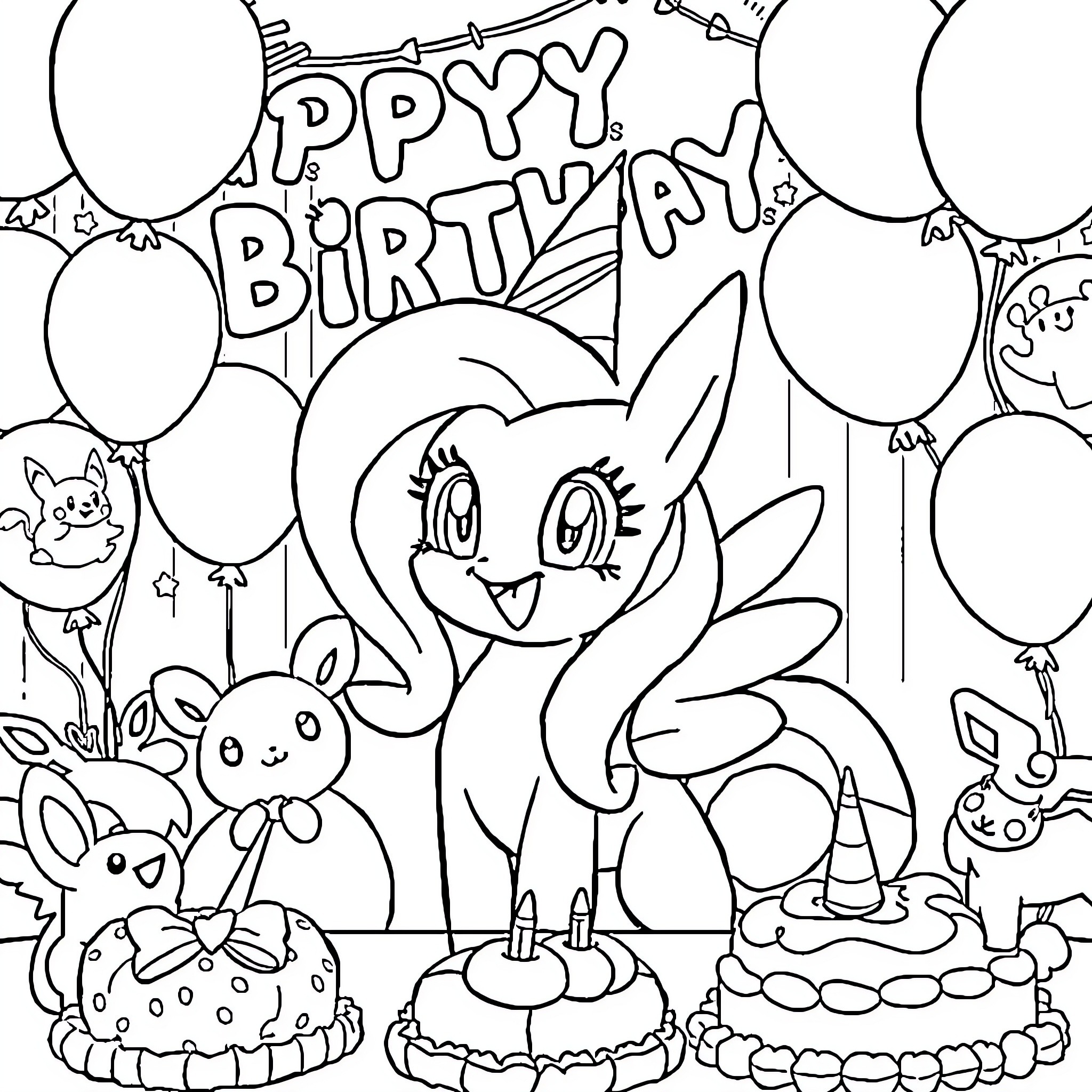 Fluttershy's Happy Birthday Celebration Coloring Page (free black-and-white line drawing printable PDF for all, from beginners to advanced learners, including children, teens, adults, and seniors)