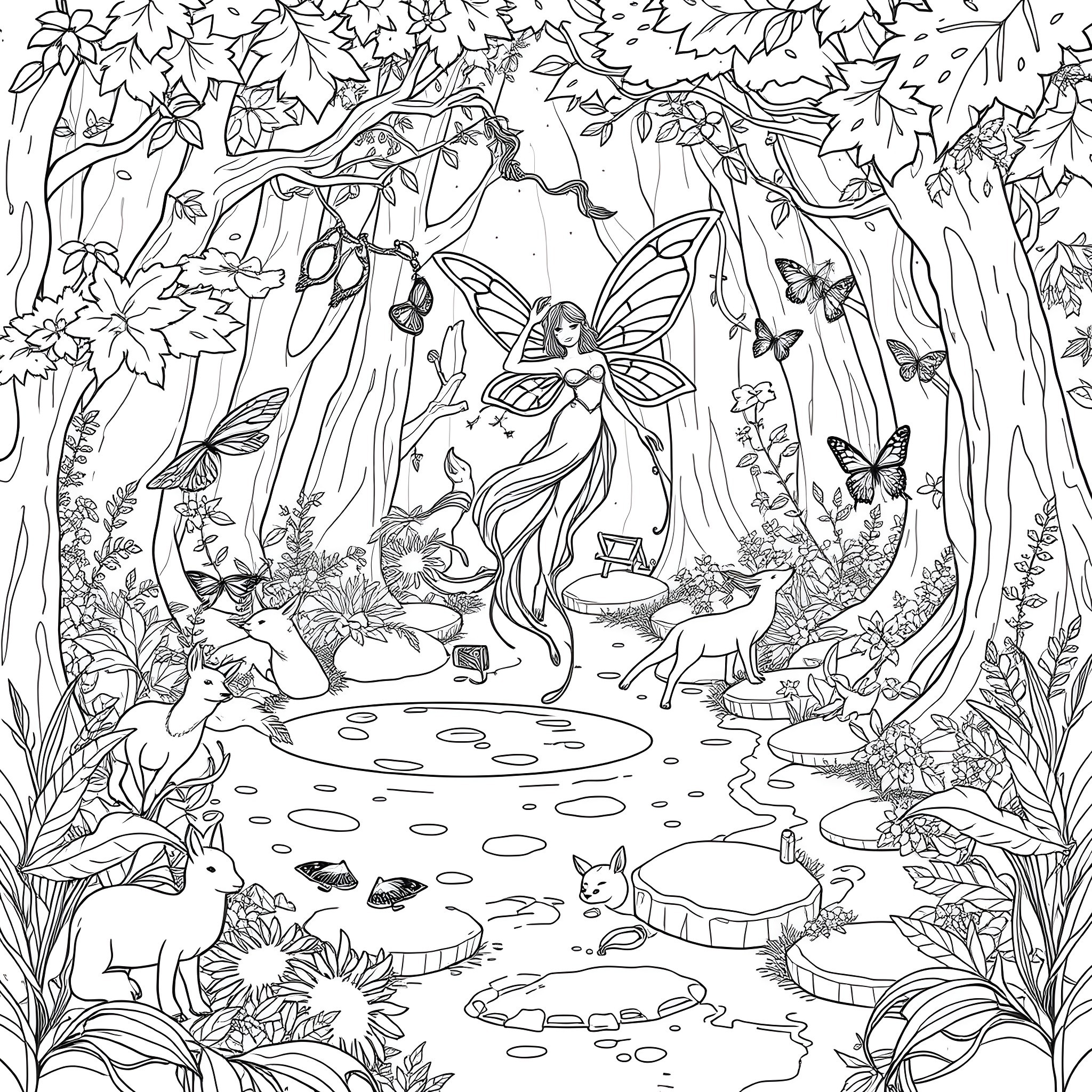 Fairy Dancing in the Enchanted Forest Coloring Page (free black-and-white line drawing printable PDF for all, from beginners to advanced learners, including children, teens, adults, and seniors)