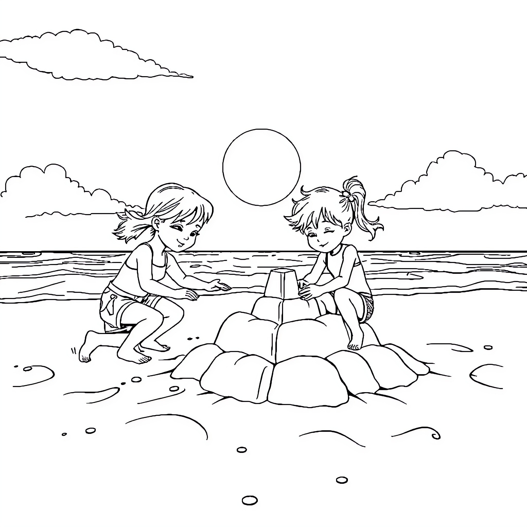 Girls playing with a sand castle on the beach Coloring Page (free black-and-white line drawing printable PDF for all, from beginners to advanced learners, including children, teens, adults, and seniors)