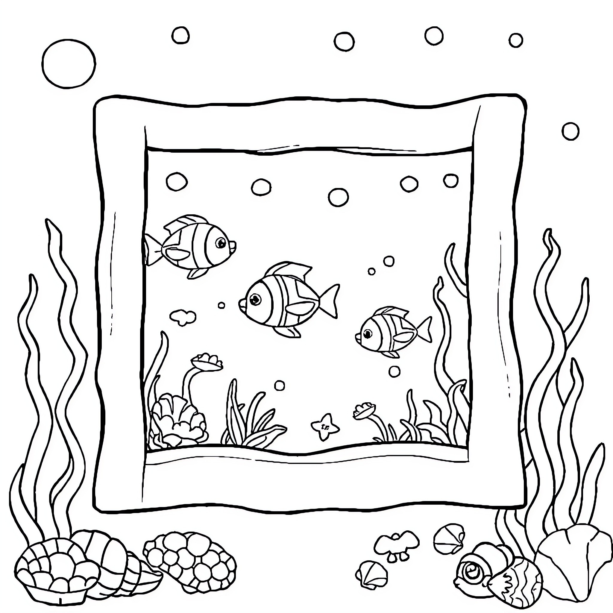 Fish swimming playfully in the underwater scene Coloring Page (free black-and-white line drawing printable PDF for all, from beginners to advanced learners, including children, teens, adults, and seniors)
