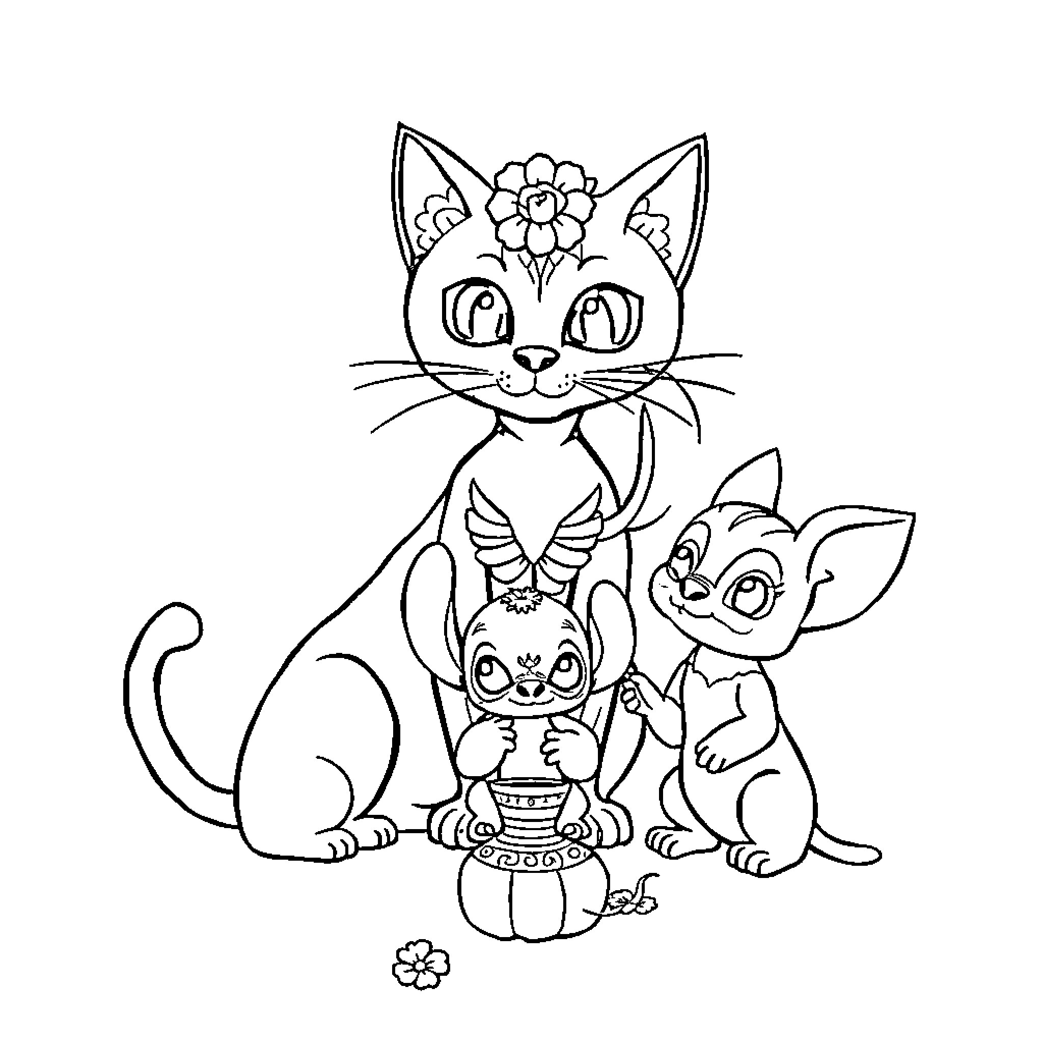 Ofrenda of Cheerful Feline Celebration Coloring Page (free black-and-white line drawing printable PDF for all, from beginners to advanced learners, including children, teens, adults, and seniors)