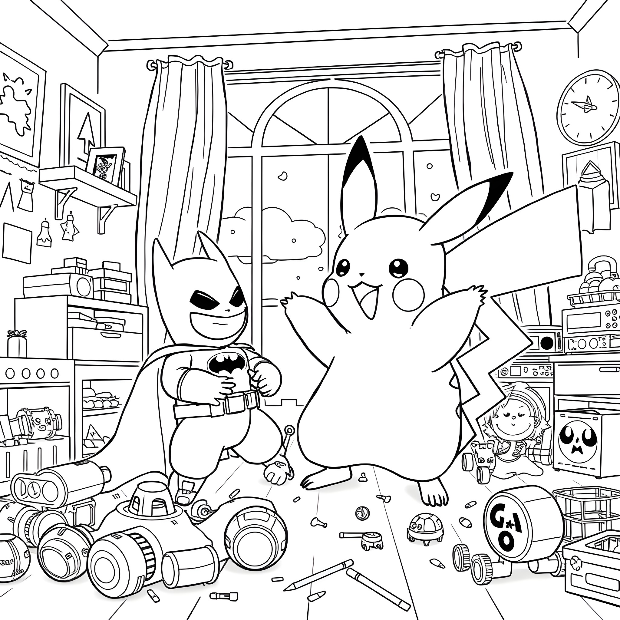 Pikachu and friends exploring a cluttered room Coloring Page (free black-and-white line drawing printable PDF for all, from beginners to advanced learners, including children, teens, adults, and seniors)