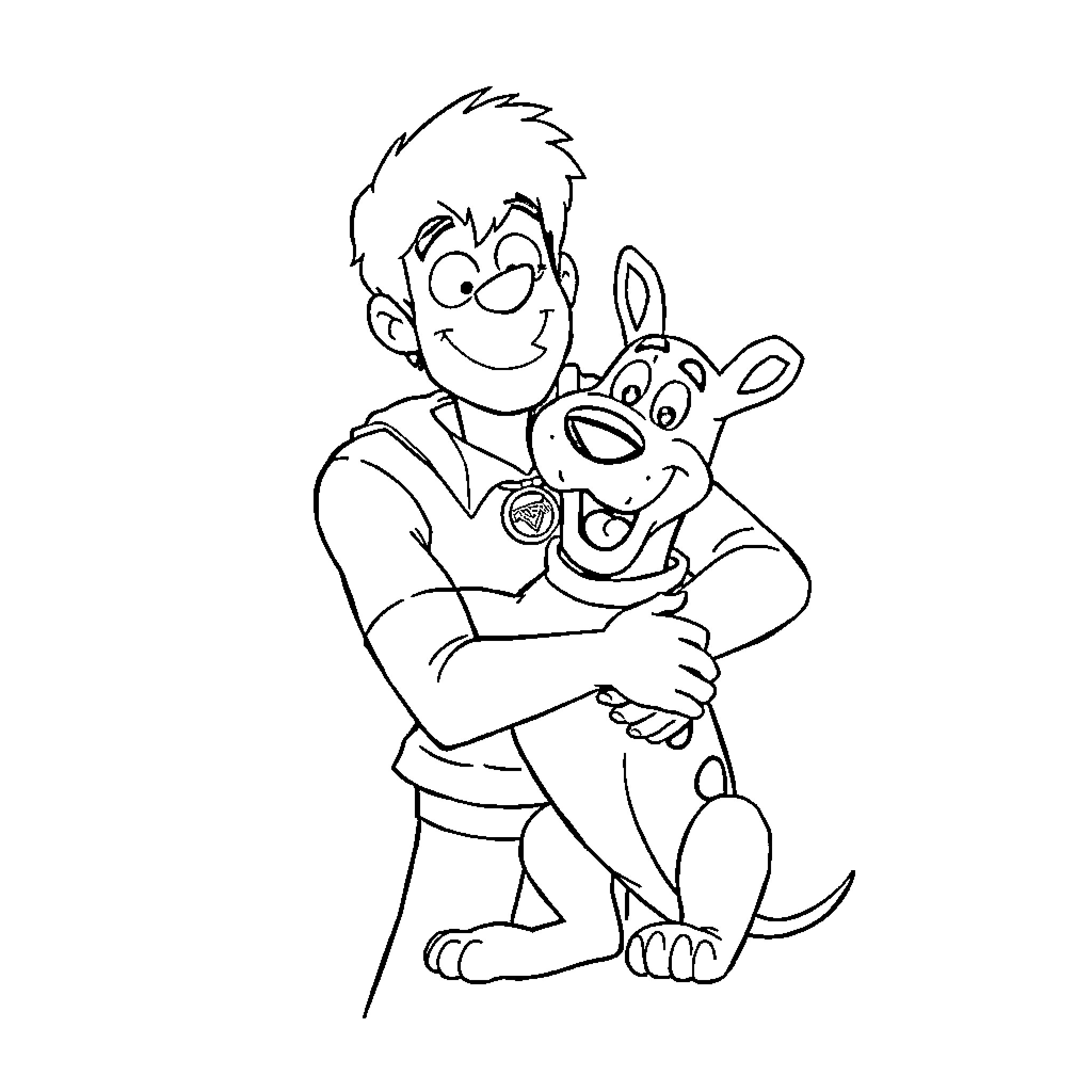 Pochita and his pet companion in a playful embrace Coloring Page (free black-and-white line drawing printable PDF for all, from beginners to advanced learners, including children, teens, adults, and seniors)