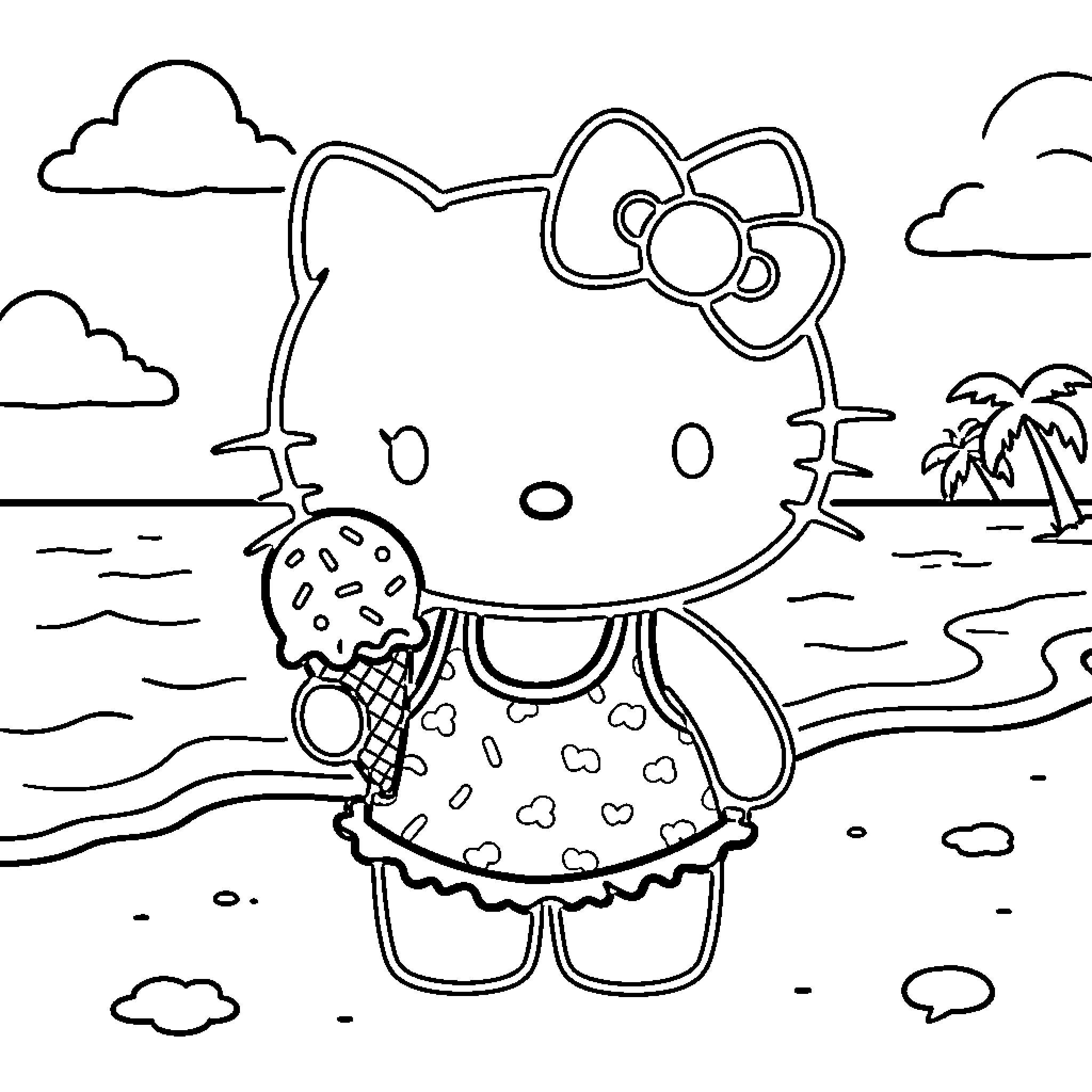 Hello Kitty enjoying a day at the beach Coloring Page (free black-and-white line drawing printable PDF for all, from beginners to advanced learners, including children, teens, adults, and seniors)