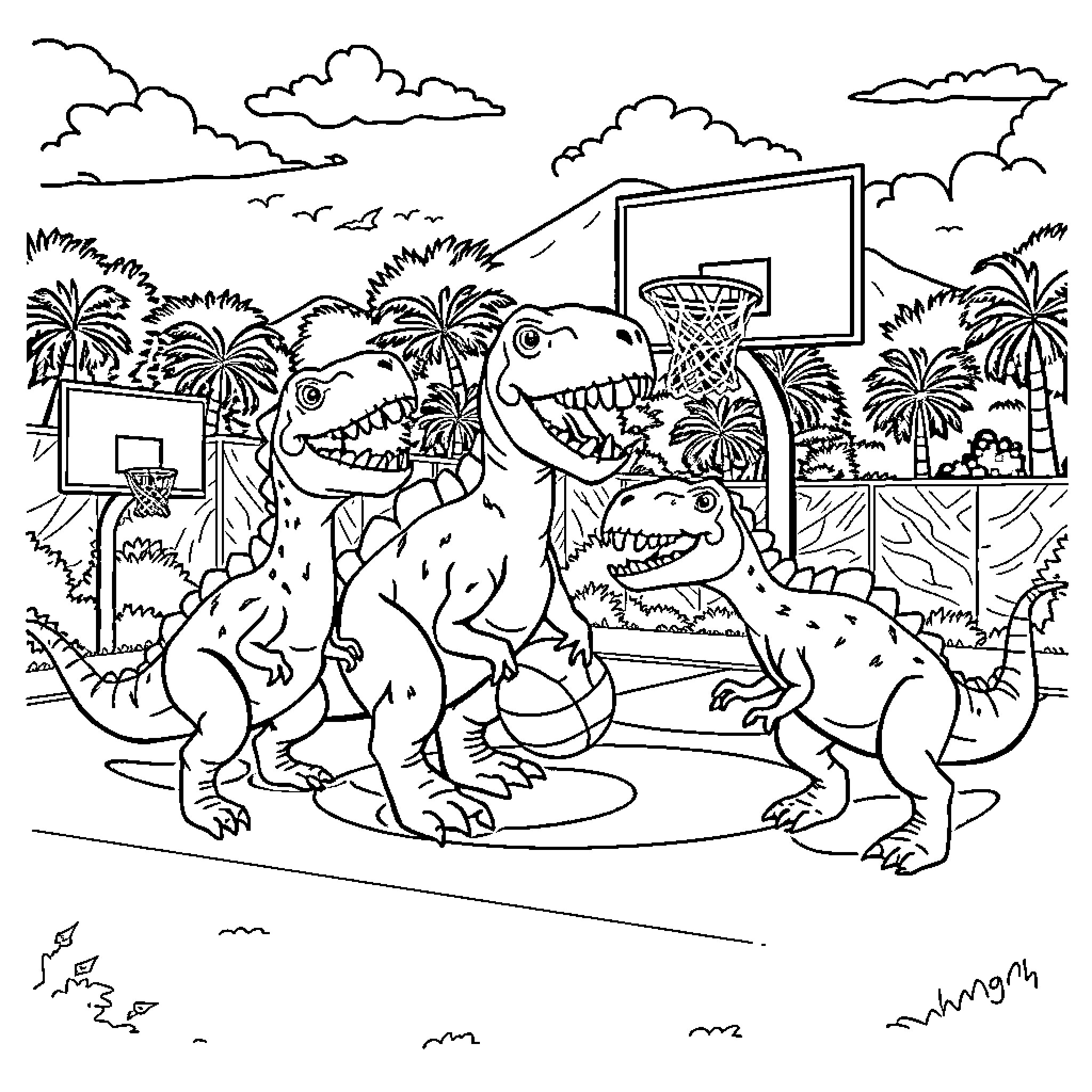 Dinosaurs playing basketball on a tropical court Coloring Page (free black-and-white line drawing printable PDF for all, from beginners to advanced learners, including children, teens, adults, and seniors)