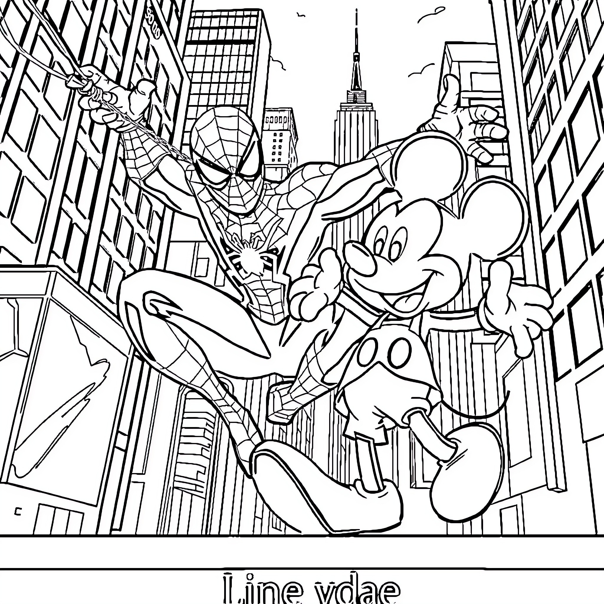 Spiderman and Mickey Mouse swing through New York City Coloring Page (free black-and-white line drawing printable PDF for all, from beginners to advanced learners, including children, teens, adults, and seniors)