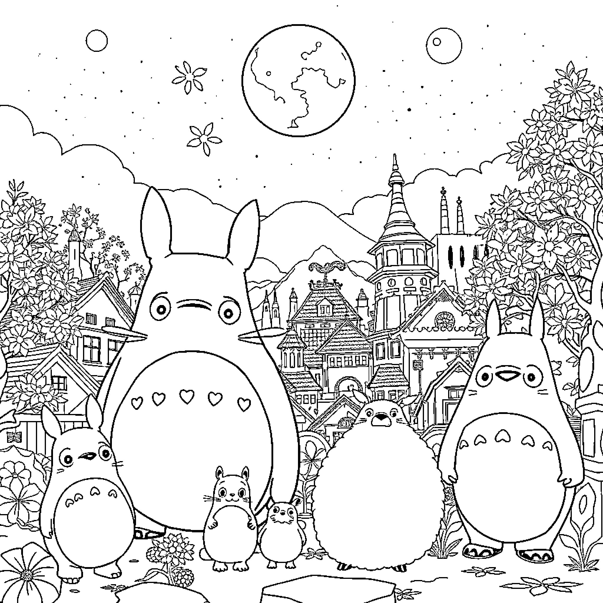 Ghibli characters standing together in a whimsical village Coloring Page (free black-and-white line drawing printable PDF for all, from beginners to advanced learners, including children, teens, adults, and seniors)
