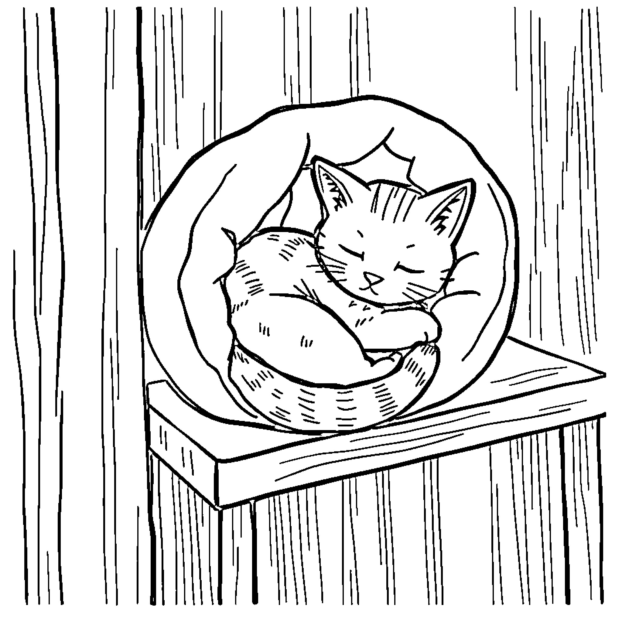 Cat sleeping peacefully in cozy basket Coloring Page (free black-and-white line drawing printable PDF for all, from beginners to advanced learners, including children, teens, adults, and seniors)