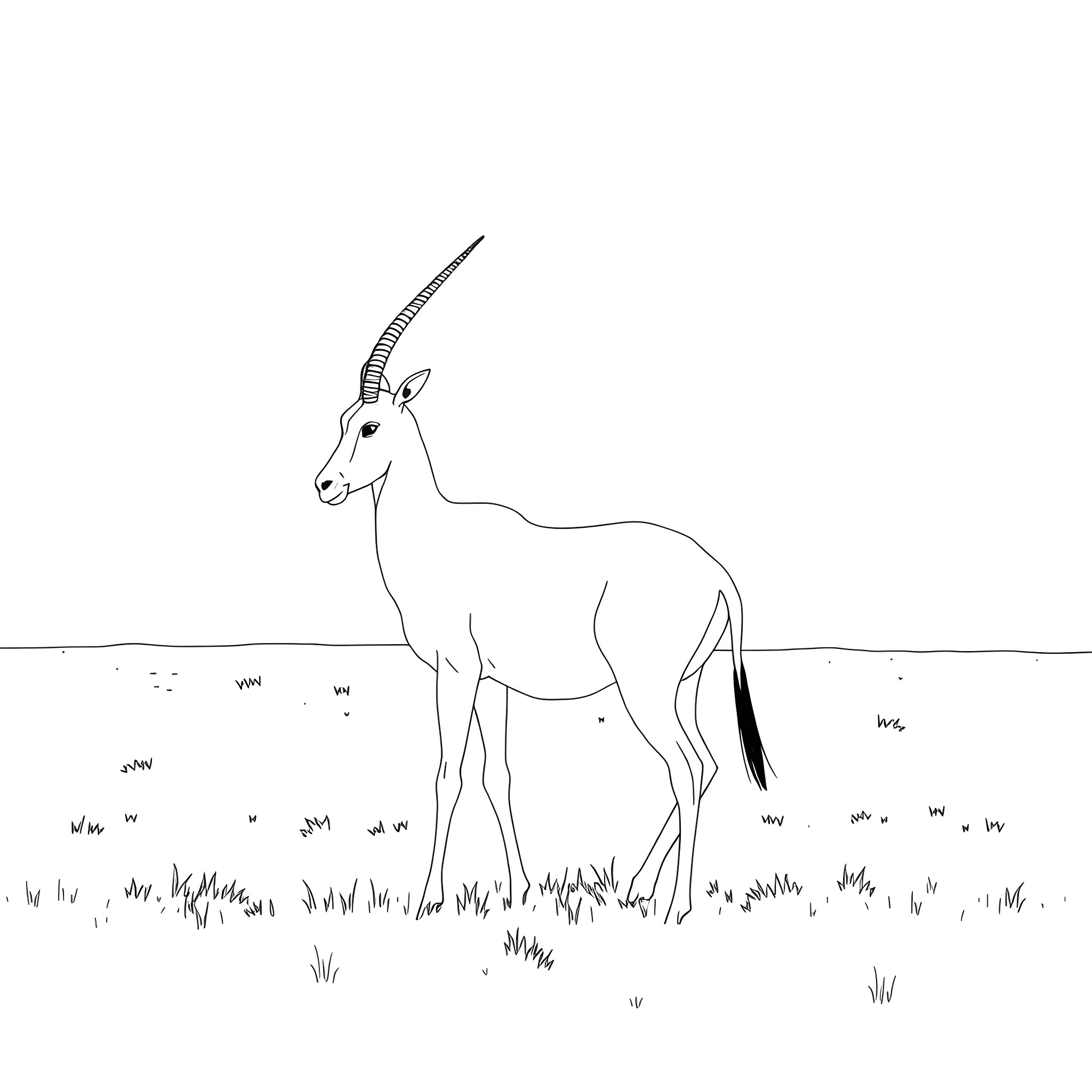 Oryx standing calmly in the grassland Coloring Page (free black-and-white line drawing printable PDF for all, from beginners to advanced learners, including children, teens, adults, and seniors)
