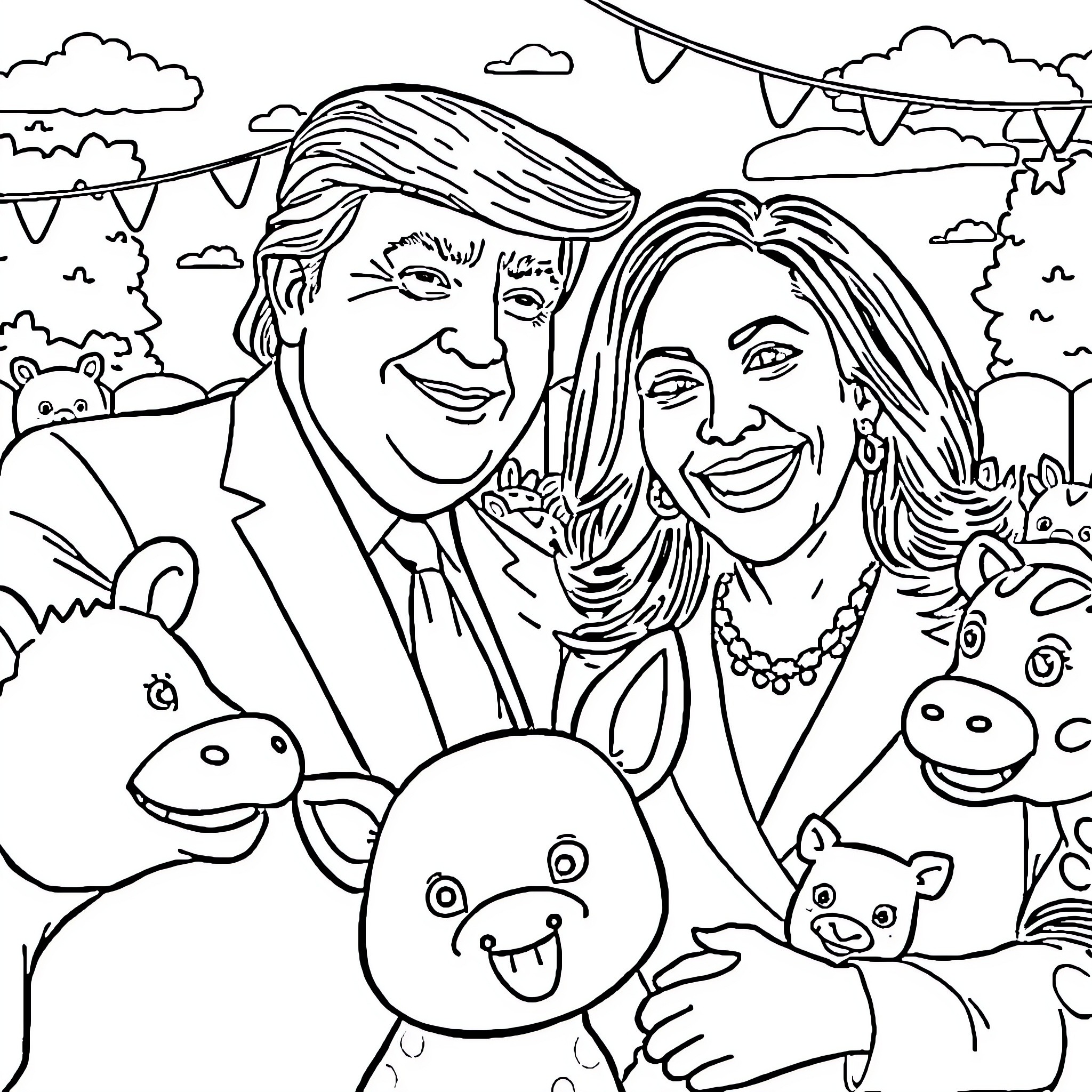Donald Trump and Hillary Clinton Posing Happily with Cartoon Animals Coloring Page (free black-and-white line drawing printable PDF for all, from beginners to advanced learners, including children, teens, adults, and seniors)
