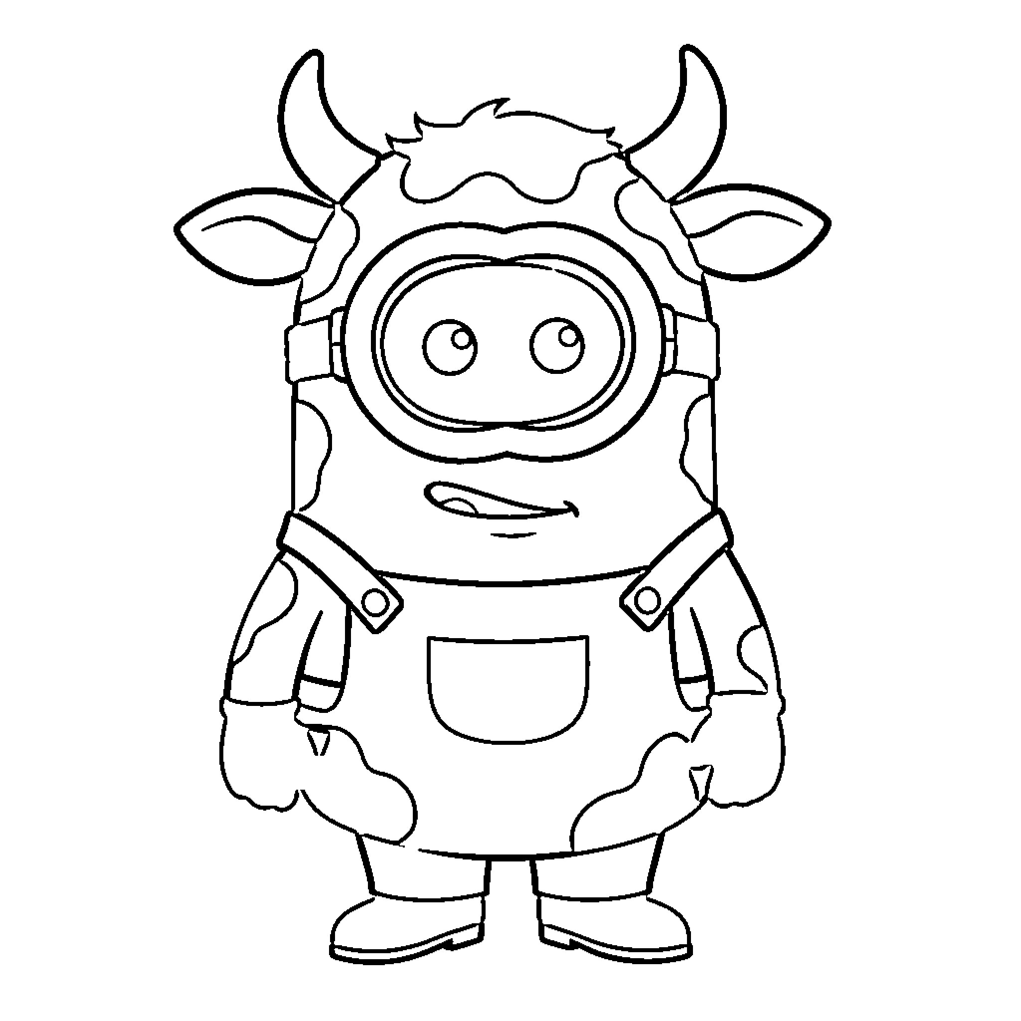 Minion wearing a cow costume and smiling Coloring Page (free black-and-white line drawing printable PDF for all, from beginners to advanced learners, including children, teens, adults, and seniors)