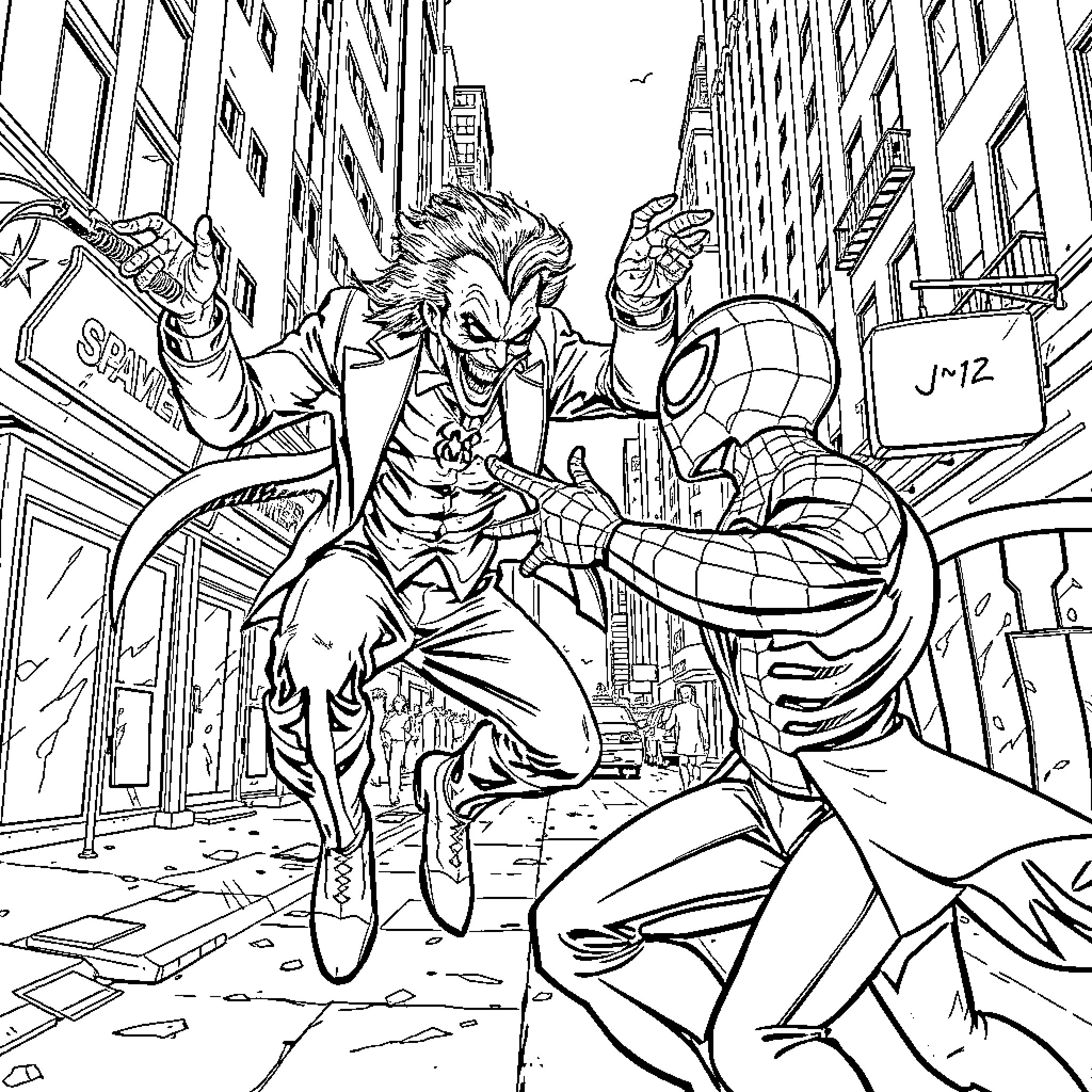 Joker battling Spider-Man on the city streets Coloring Page (free black-and-white line drawing printable PDF for all, from beginners to advanced learners, including children, teens, adults, and seniors)