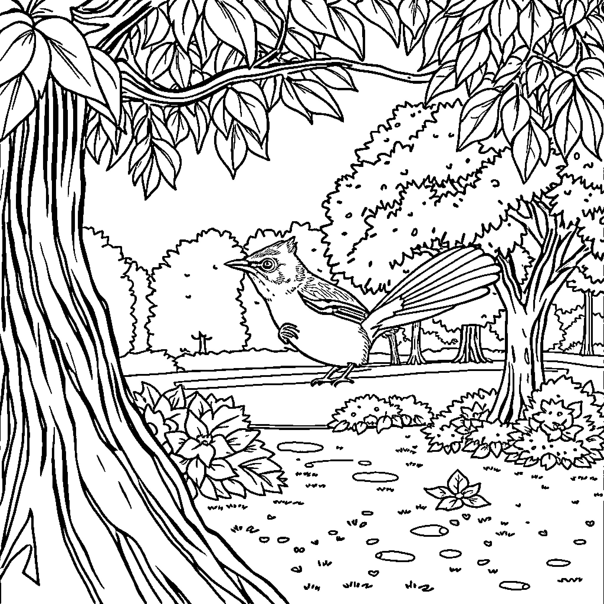 Squirrel exploring the lush forest scenery Coloring Page (free black-and-white line drawing printable PDF for all, from beginners to advanced learners, including children, teens, adults, and seniors)