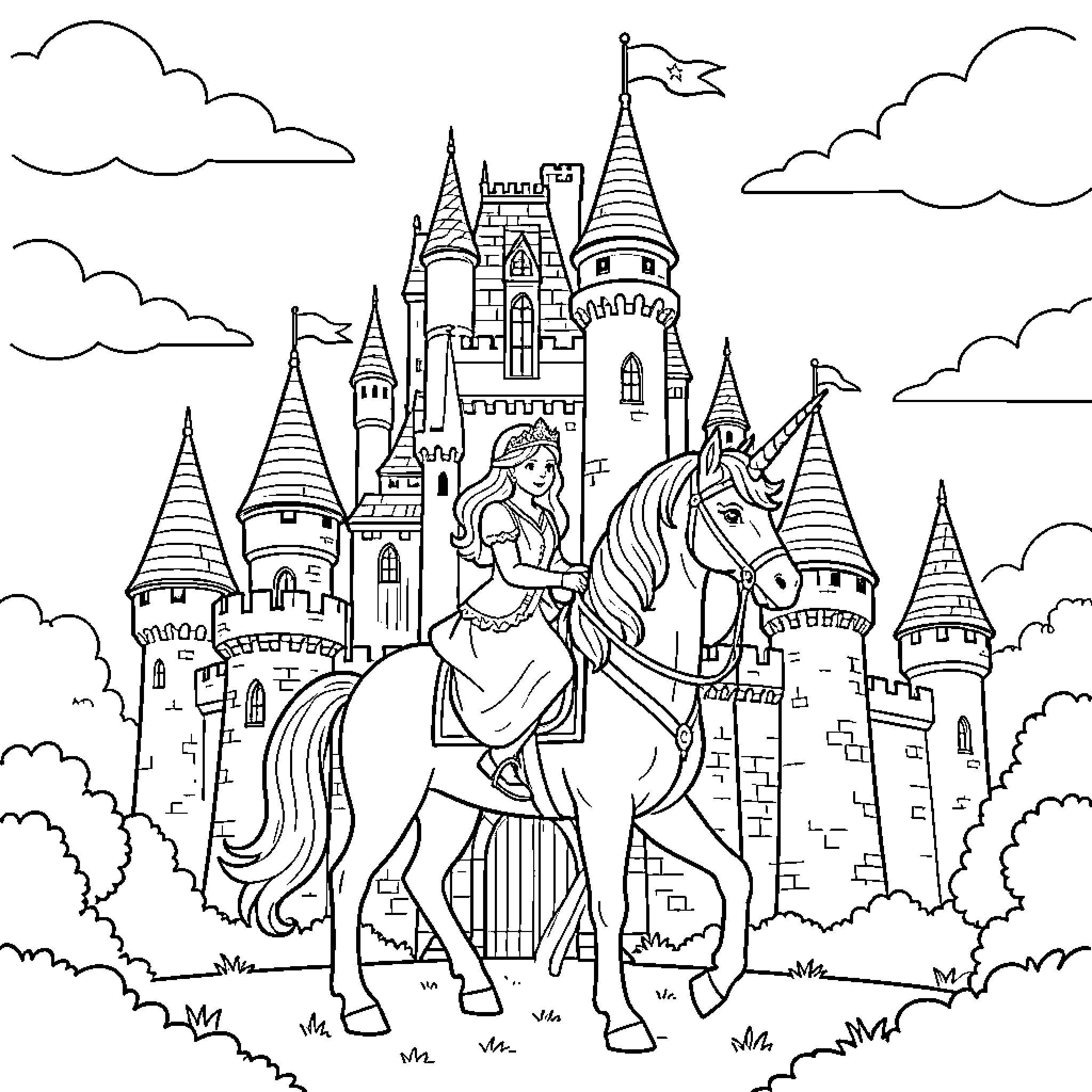 Princess riding a majestic unicorn in front of a castle Coloring Page (free black-and-white line drawing printable PDF for all, from beginners to advanced learners, including children, teens, adults, and seniors)