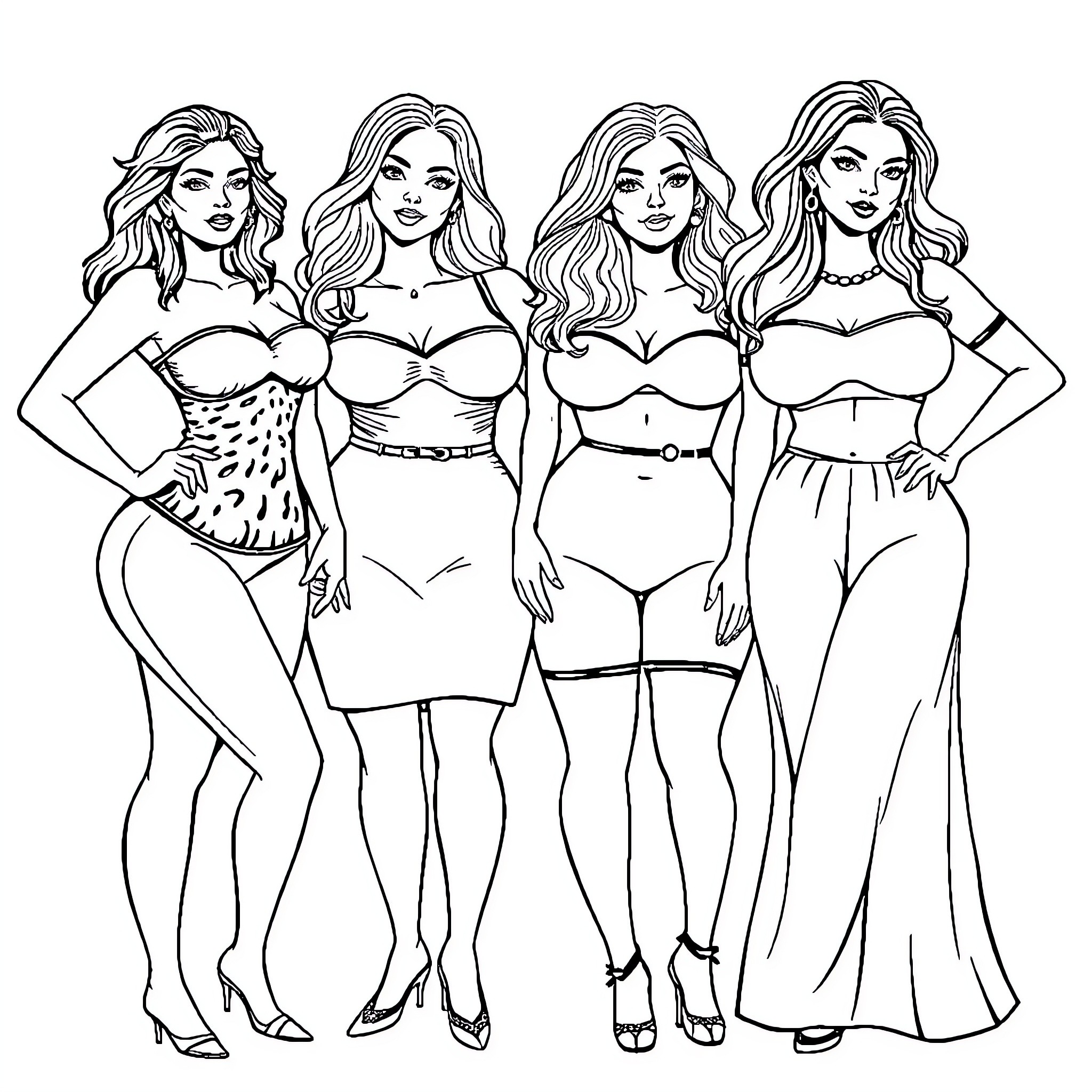 Women showcasing stylish fashion and poses Coloring Page (free black-and-white line drawing printable PDF for all, from beginners to advanced learners, including children, teens, adults, and seniors)